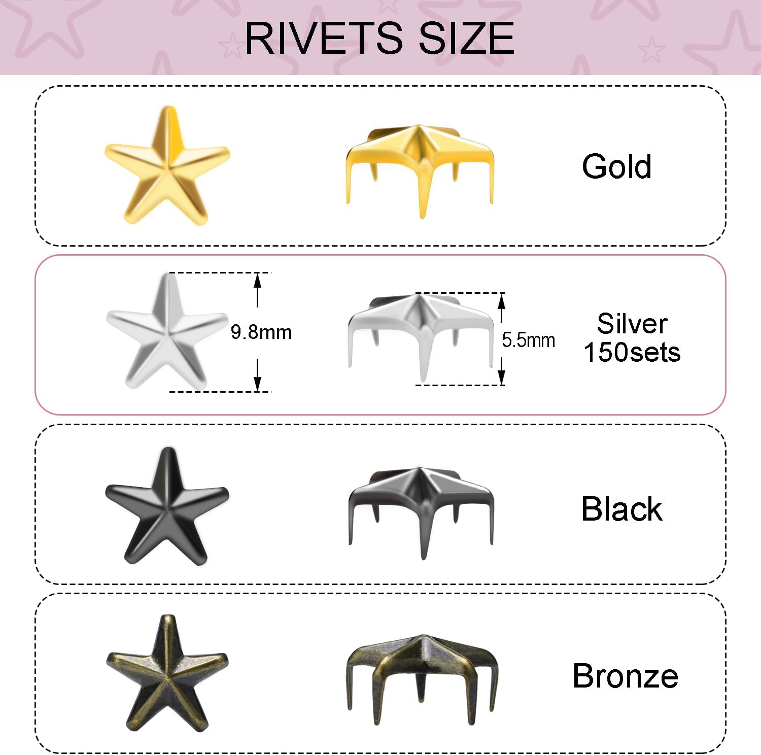 CooBigo 150Pack 10mm Studs for Clothing, Small Star Nailheads Rivets Metal Rivets Spike Stud Leather Claw Rivets for Clothing Belt Bag Shoes Cap Wrist Bracelet Pet Collars DIY Leathercraft (Sliver) - Image 2