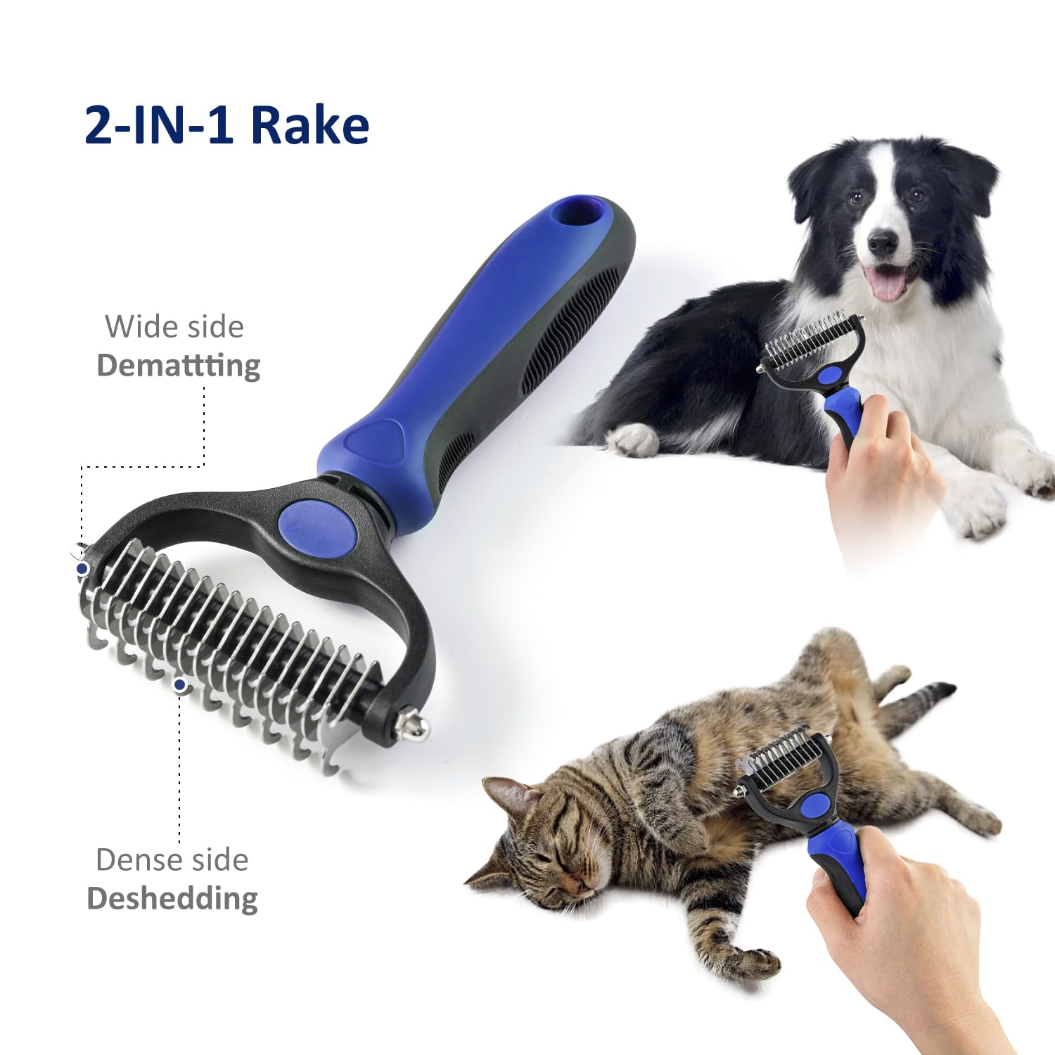 Grooming Rake for Dogs & Cats, Double-Sided Deshedding Brh, Extra-Wide Dematting Tool, Slicker Comb for Undercoat & Loose Hair Removal, Reduces Shedding by 95%, Blue, Small - Image 3