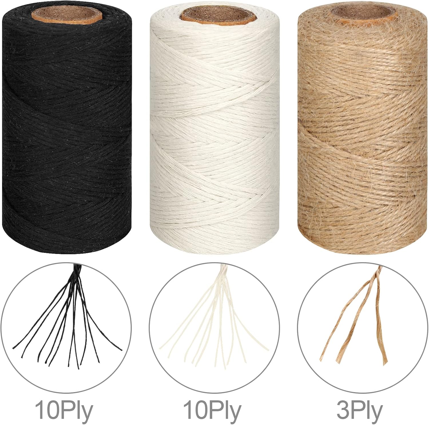 984 Ft Twine String, Natural Jute Twine, 2mm White Cotton Rope, 10ply Black Cotton for Crafts, Art, Gardening Plants, Gift Wrapping, Decoration, Packing String Bulk(3 Rolls) - Image 3