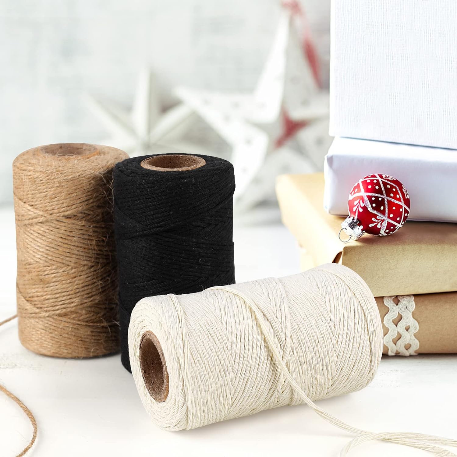 984 Ft Twine String, Natural Jute Twine, 2mm White Cotton Rope, 10ply Black Cotton for Crafts, Art, Gardening Plants, Gift Wrapping, Decoration, Packing String Bulk(3 Rolls) - Image 4