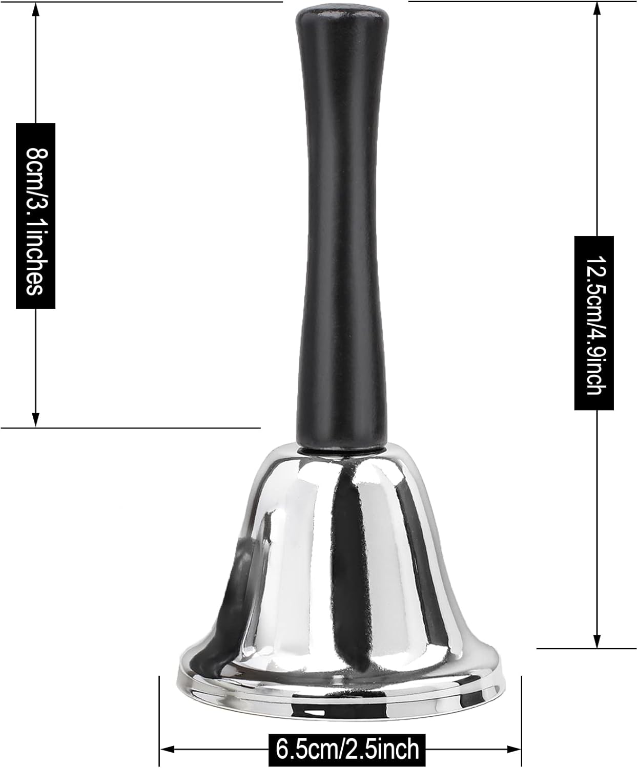 2 Pack Hand Bell, Silver Steel Bell, Ringing Bell with Handle, Dinner Bells for Inside Classroom Bell, for Food Line, Alarm, Jingles, Ringing (Silver) - Image 2