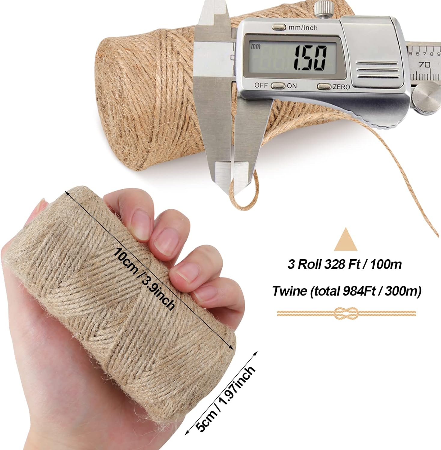 984 FT Natural Jute Twine, 3ply Thin Ribbon Hemp Twine for Gardening, Plant, Gift Wrapping, Art, Wedding Decoration, Packing, Bulk (3 Roll) - Image 2