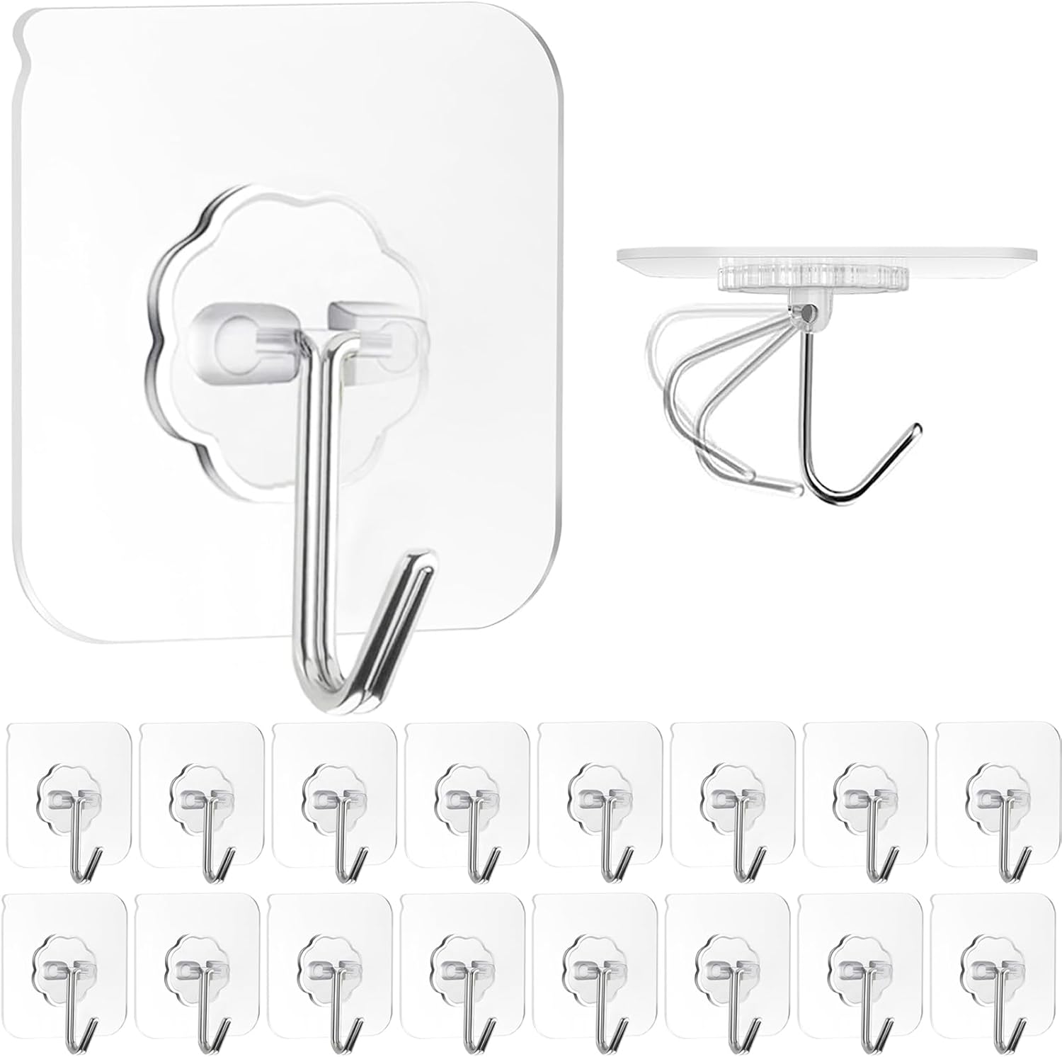 Adhesive Wall Hooks for Hanging, 16 Pack Self Sticky Hooks Heavy Duty 22lb Clear, Removable Shower Hook No Damage for Towel Key Coat Wreath Picture Outdoor Ceiling Bathroom Kitchen, Waterproof - Image 1