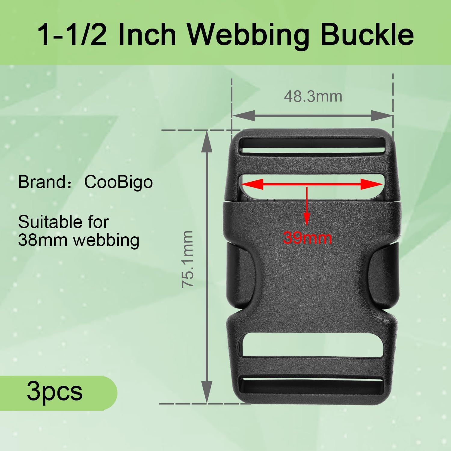 CooBigo 3pcs 1-1/2 Inch Plastic Buckle for Strap Replacment, Heavy Duty Belt Buckles Backpack Clips Luggage Webbing Straps Side Release Buckle Clasp - Image 2