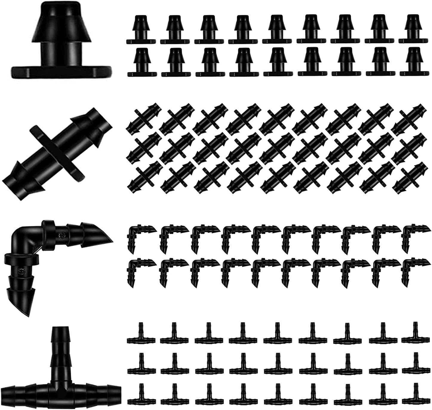 Drip Irrigation Parts 80 Pcs Mix 1/4 Inch Barbed Tee Elbow Straight Couplings End Plugs Fittings Drip Line Connectors for 1/4 Inch Irrigation Tubing Garden Watering System - Image 1