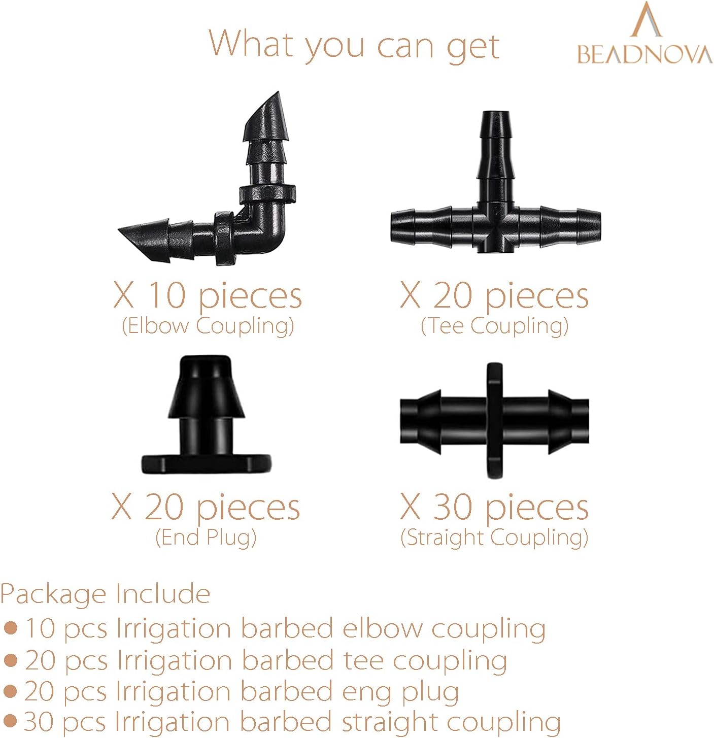 Drip Irrigation Parts 80 Pcs Mix 1/4 Inch Barbed Tee Elbow Straight Couplings End Plugs Fittings Drip Line Connectors for 1/4 Inch Irrigation Tubing Garden Watering System - Image 3