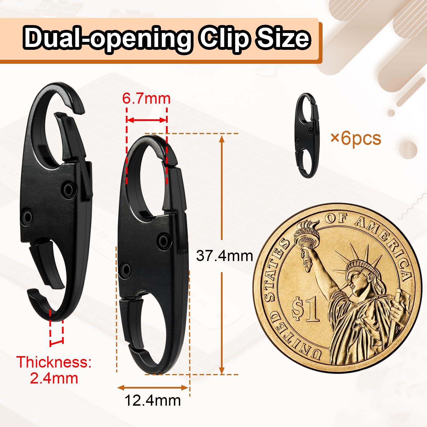 6Pcs Double Opening Lock Zipper Pull Replacement Clips, Small Carabiner Clips, Zipper Locks Anti Theft Deterrent for Bag Luggage Pickpocket Backpack Purse Travel Suitcase (Black) - Image 2