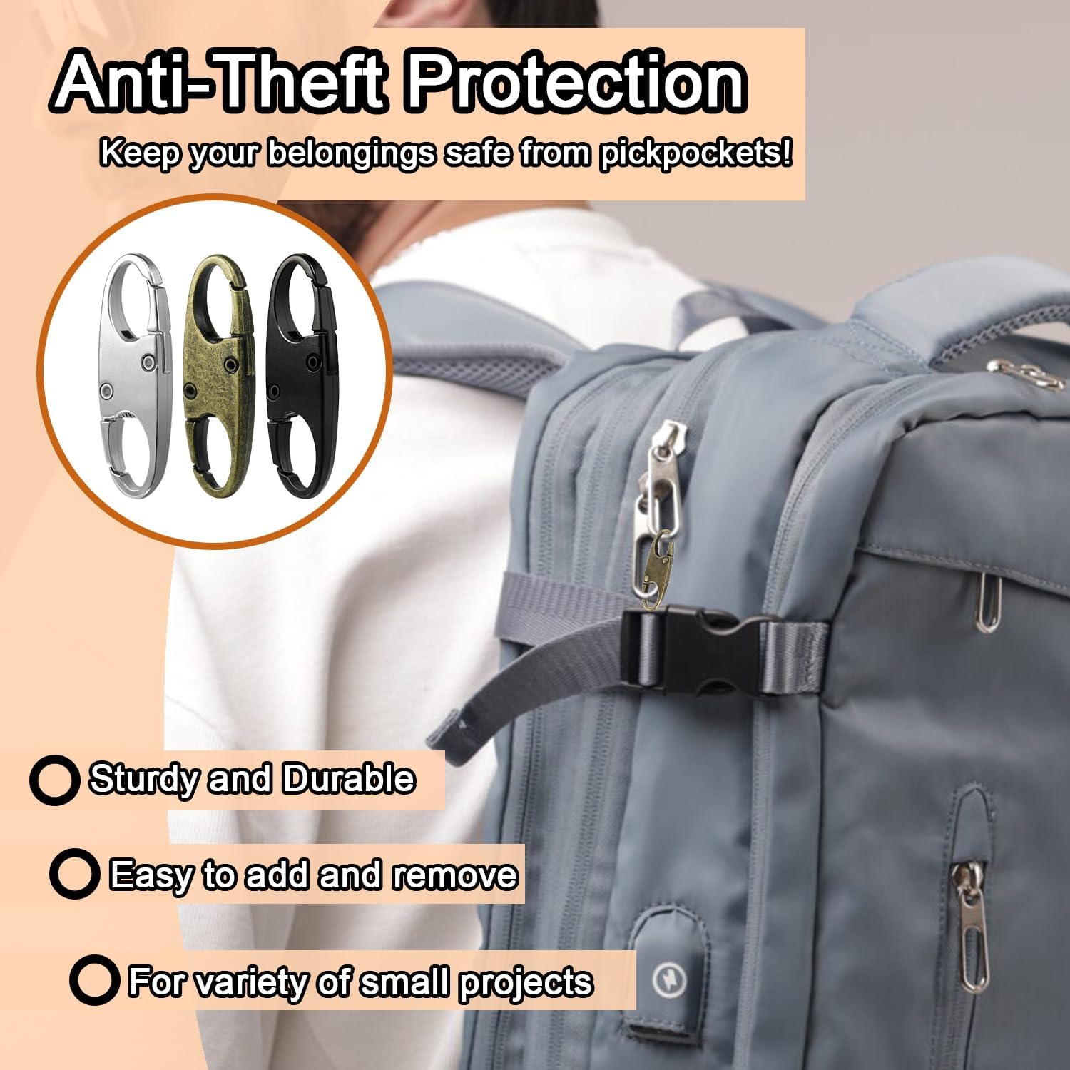 6Pcs Double Opening Lock Zipper Pull Replacement Clips, Small Carabiner Clips, Zipper Locks Anti Theft Deterrent for Bag Luggage Pickpocket Backpack Purse Travel Suitcase (Black) - Image 4
