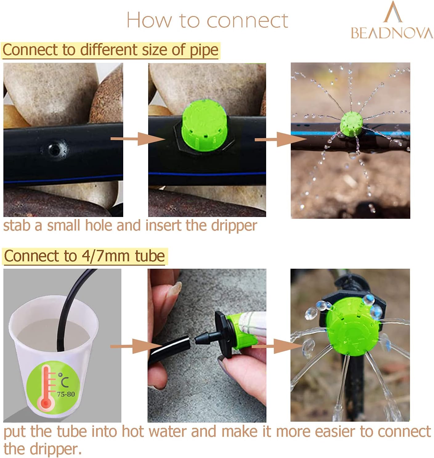 Drip Irrigation Emitters 50 Pcs Irrigation Drippers 360 Degree System Emitters Sprinklers Drippers for Drip 1/4 Inch Tube Gardening (Green) - Image 5