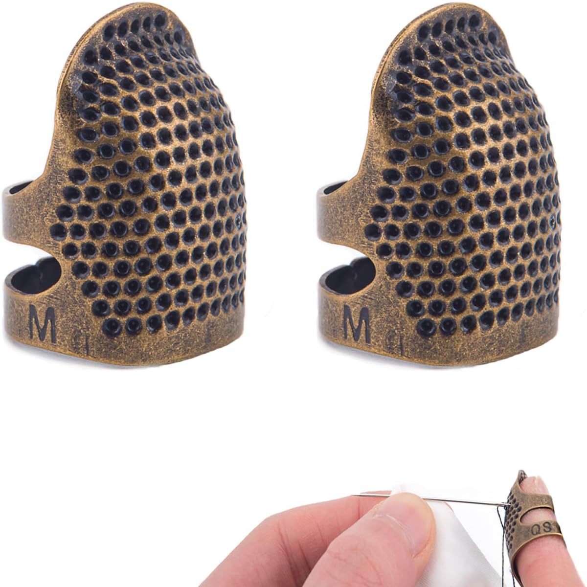 Sewing Thimbles for Hand Embroidery Knitting Thimble Adjtable Metal Sewing Finger Protector for Hand Sewing Quilting Craft Accessories DIY Sewing Tools (Size M, 2 Pcs) - Image 1