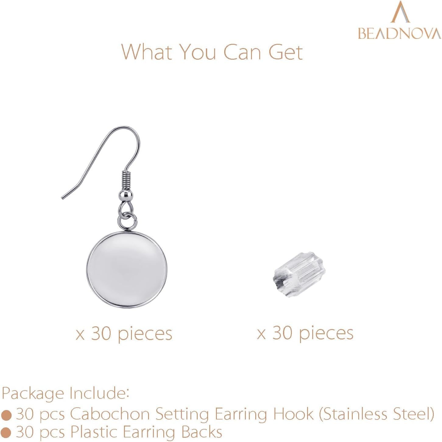 Earring Kit 30pcs Blank Ear Wire Hook 14mm Stainless Steel Cabochon Setting Earring Bezel with Rubber Backs for Cabochon Resin DIY Earwire Making (14mm, 30pcs) - Image 3