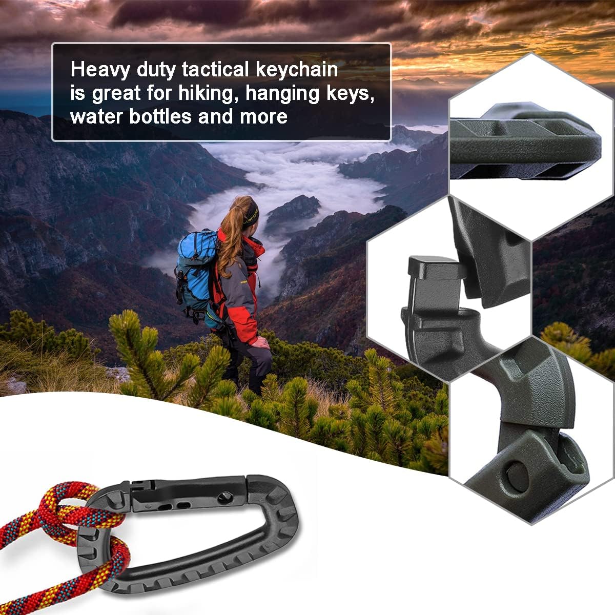 Tactical Gear Carabiner Keychain Clip Plastic D-Rings Large Key Chain Heavy Duty Snap Hook for Backpack, Belt, Keyrings, Bags, Bottle, Tent, Camping - Image 7