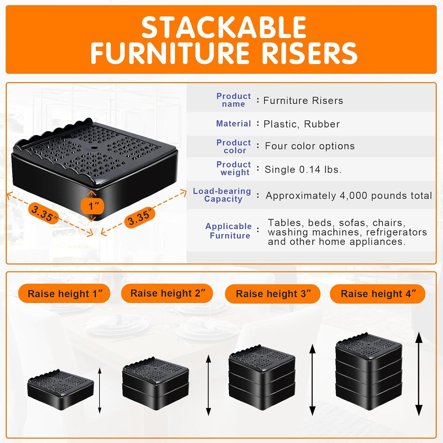Furniture Risers, 4 Pack Bed Risers with Non-Slip Grip and Heavy Duty Support, 1 Inch 2 Inch 3 Inch 4 Inch Height Lift for Couch, Sofa, Table, Desk, Chair, Refrigerator - Black, 1 Inch - Image 2