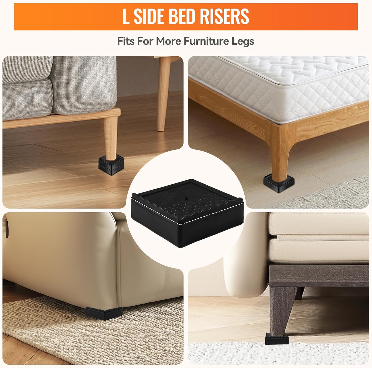 Furniture Risers, 4 Pack Bed Risers with Non-Slip Grip and Heavy Duty Support, 1 Inch 2 Inch 3 Inch 4 Inch Height Lift for Couch, Sofa, Table, Desk, Chair, Refrigerator - Black, 1 Inch - Image 3