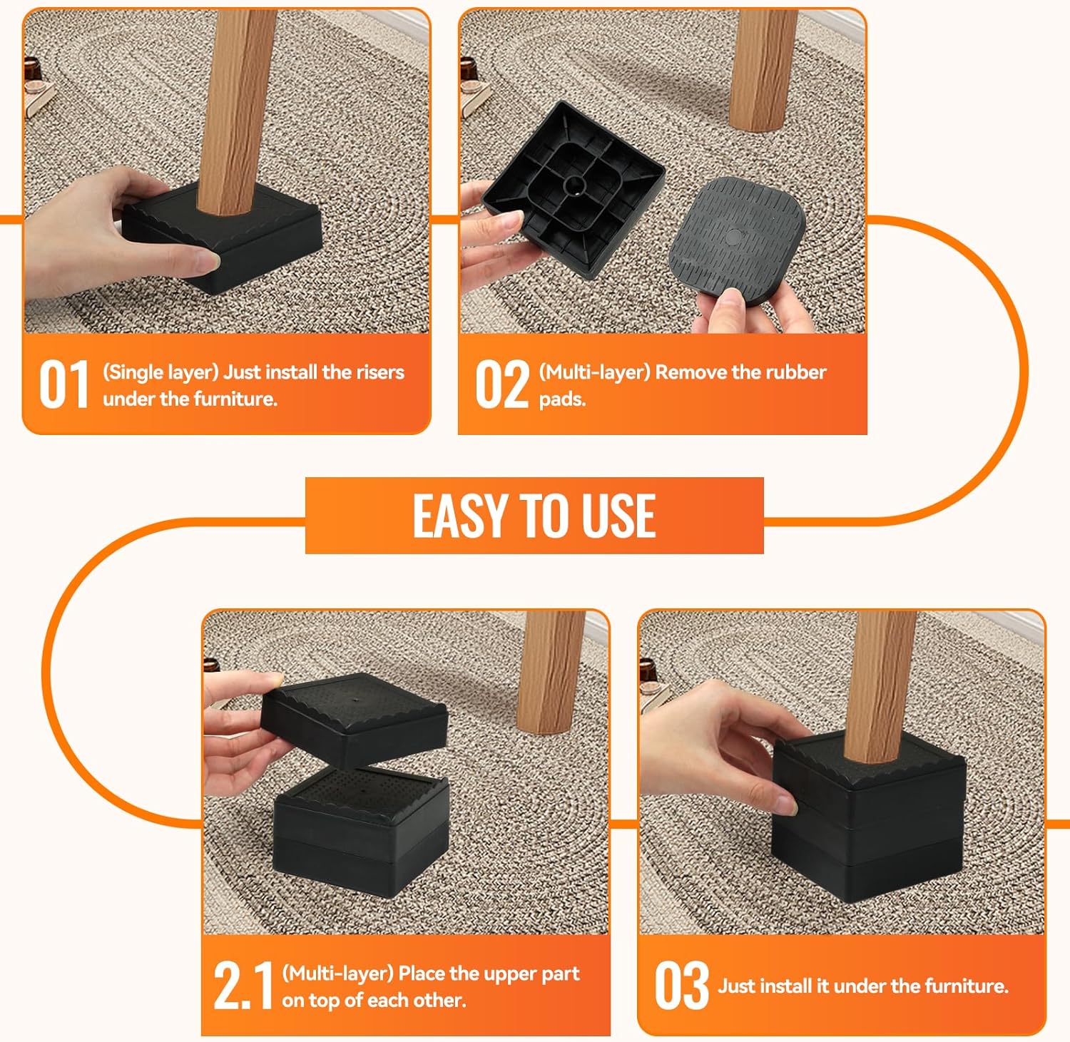 Furniture Risers, 4 Pack Bed Risers with Non-Slip Grip and Heavy Duty Support, 1 Inch 2 Inch 3 Inch 4 Inch Height Lift for Couch, Sofa, Table, Desk, Chair, Refrigerator - Black, 1 Inch - Image 7