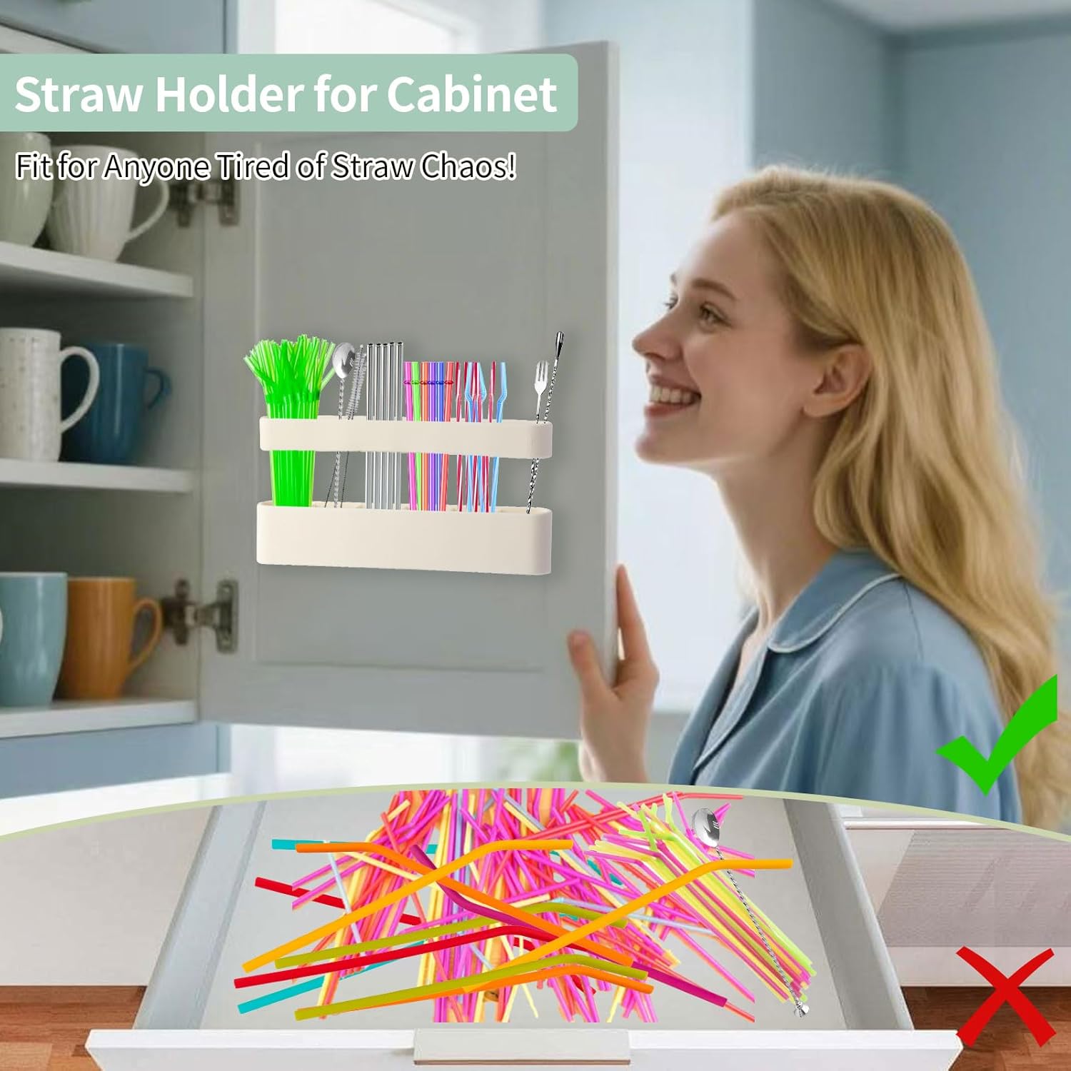 9.6'' Large Silicone Straw Holder for Cabinet Door, Space-Saving Straw Organizer Container with Adhesive Tape, Stylish Kitchen Organizers and Storage Accessories for Cabinet, Cupboard, Counter, RVs - Image 2