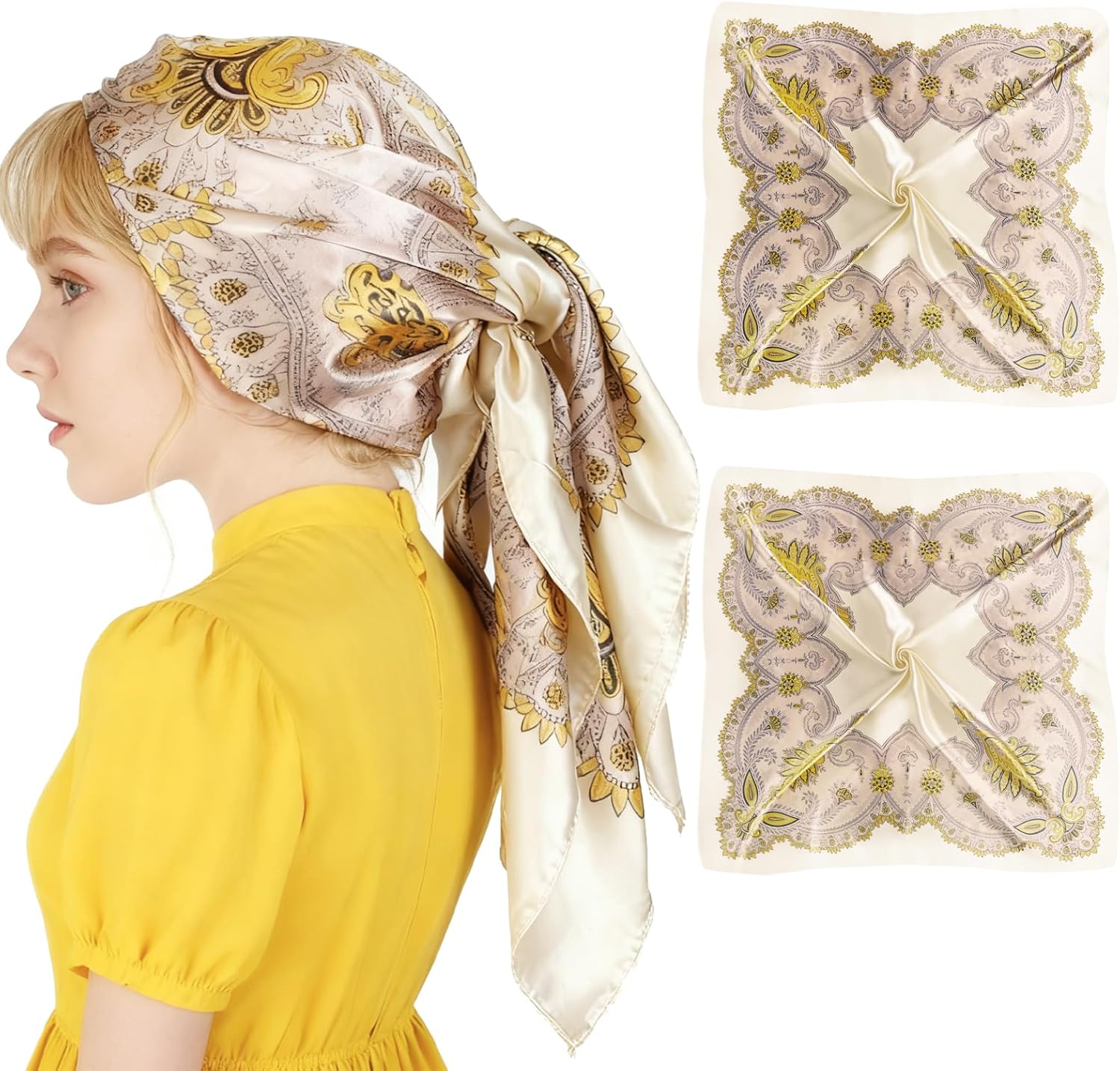 35” Large Square Head Scarf, 2PCS Satin Hair Scarves, Printed Hair Scarves, Silk Like Head Scarf for Women - Image 1