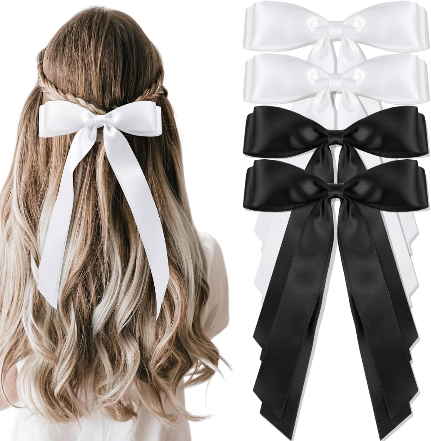 4pcs Solid Silky Satin Hair Accessories: Bows with Long Tails, Daily Wear Clips for Women and Girls, White and Black Gifts - Image 1