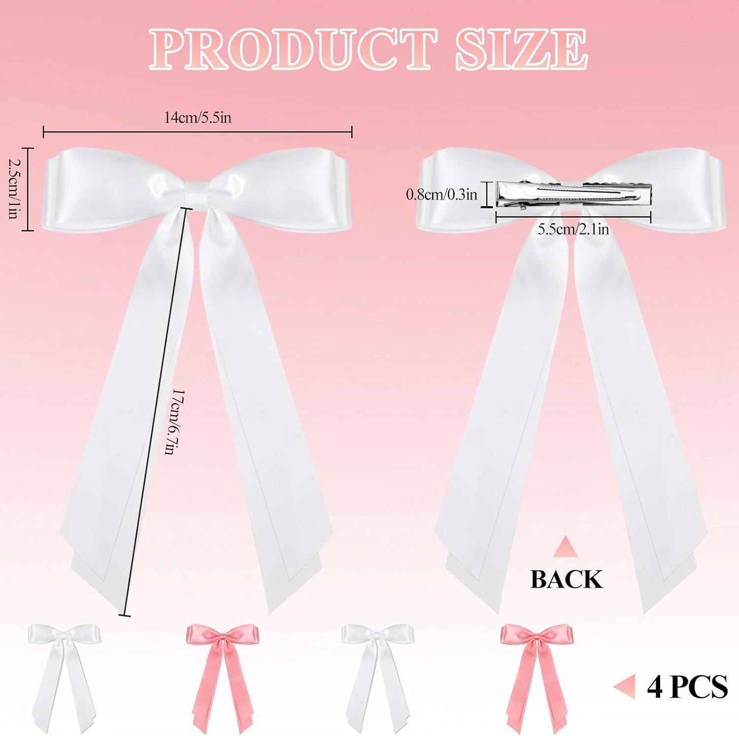 4pcs Solid Silky Satin Hair Accessories: Bows with Long Tails, Daily Wear Clips for Women and Girls, White and Black Gifts - Image 2
