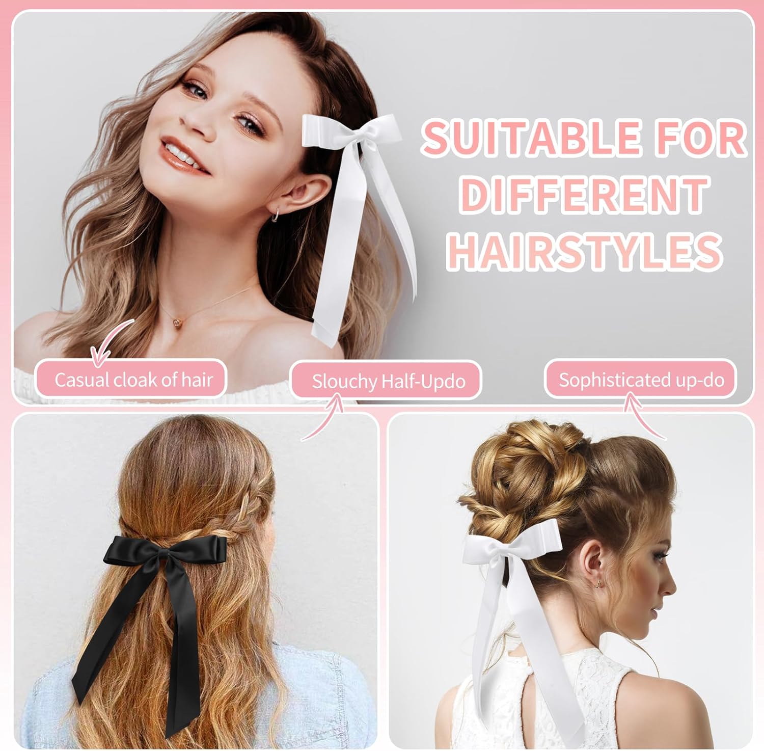 4pcs Solid Silky Satin Hair Accessories: Bows with Long Tails, Daily Wear Clips for Women and Girls, White and Black Gifts - Image 3