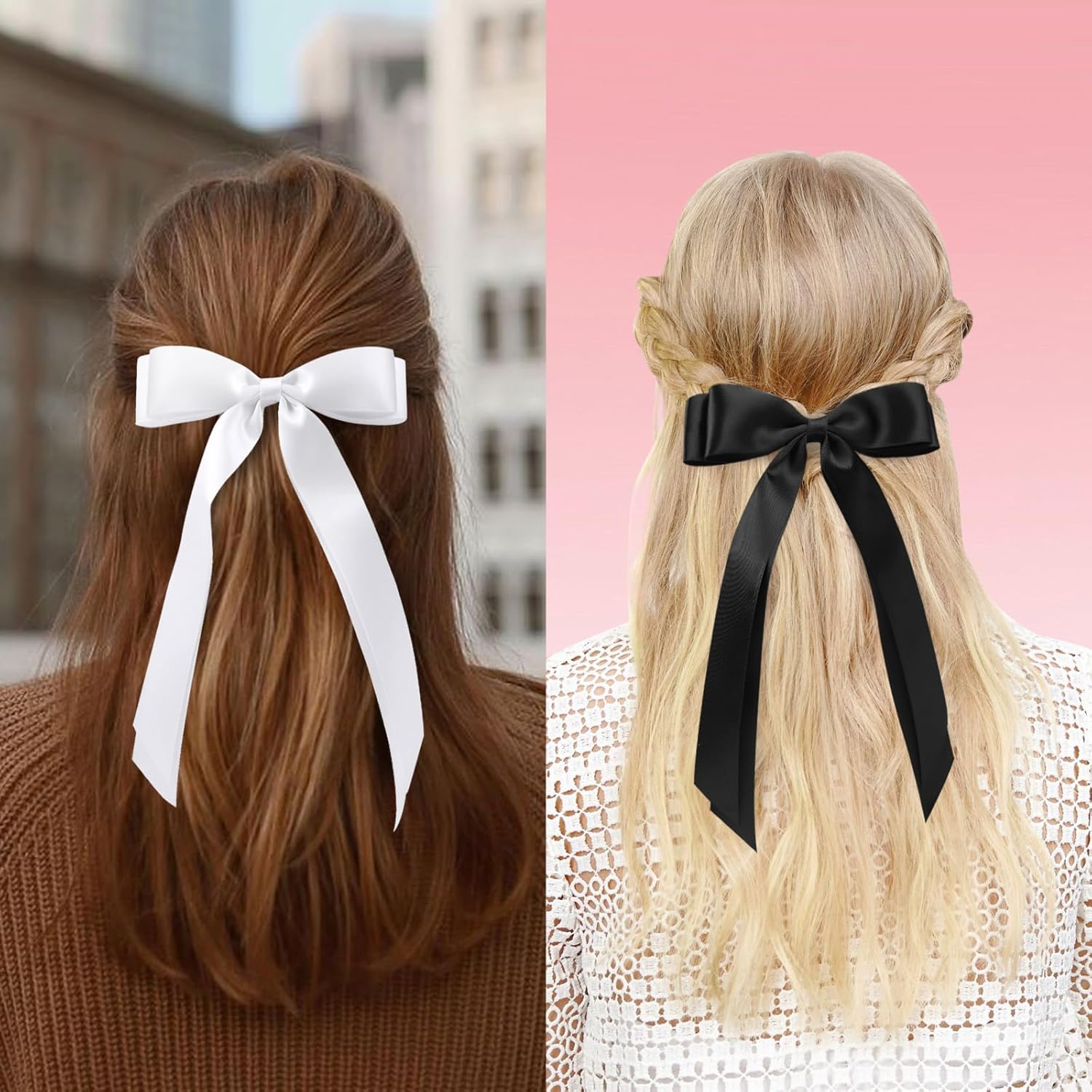 4pcs Solid Silky Satin Hair Accessories: Bows with Long Tails, Daily Wear Clips for Women and Girls, White and Black Gifts - Image 4