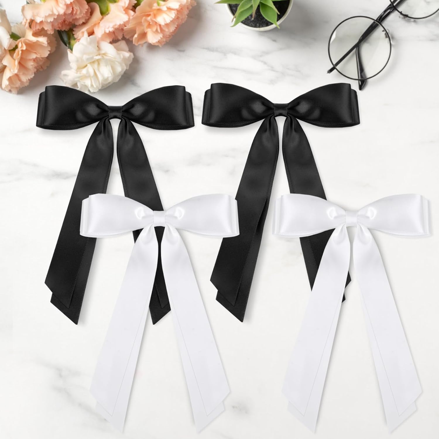4pcs Solid Silky Satin Hair Accessories: Bows with Long Tails, Daily Wear Clips for Women and Girls, White and Black Gifts - Image 5