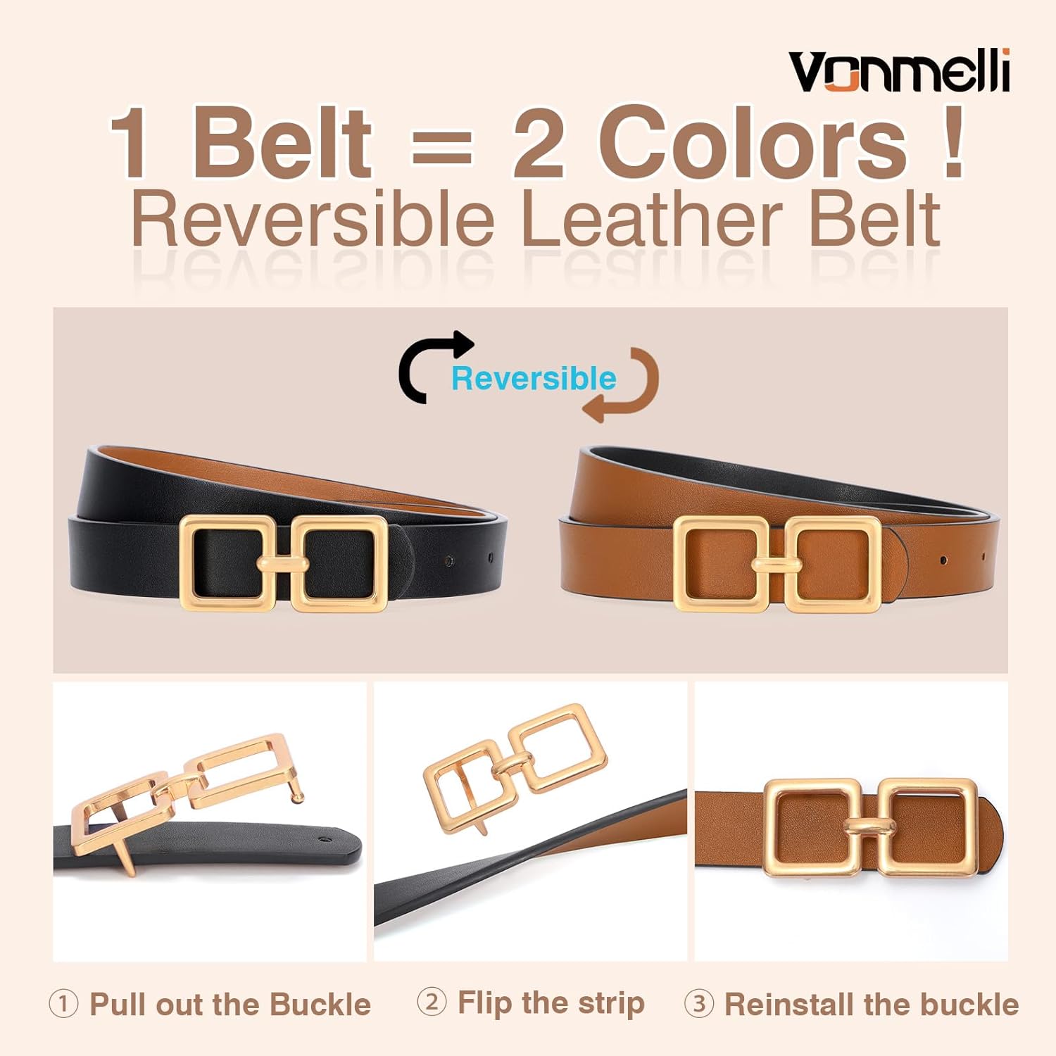 Reversible Leather Belt for Women Jeans Pants Fashion Ladies Belt for Dress with Gold Buckle - Image 5