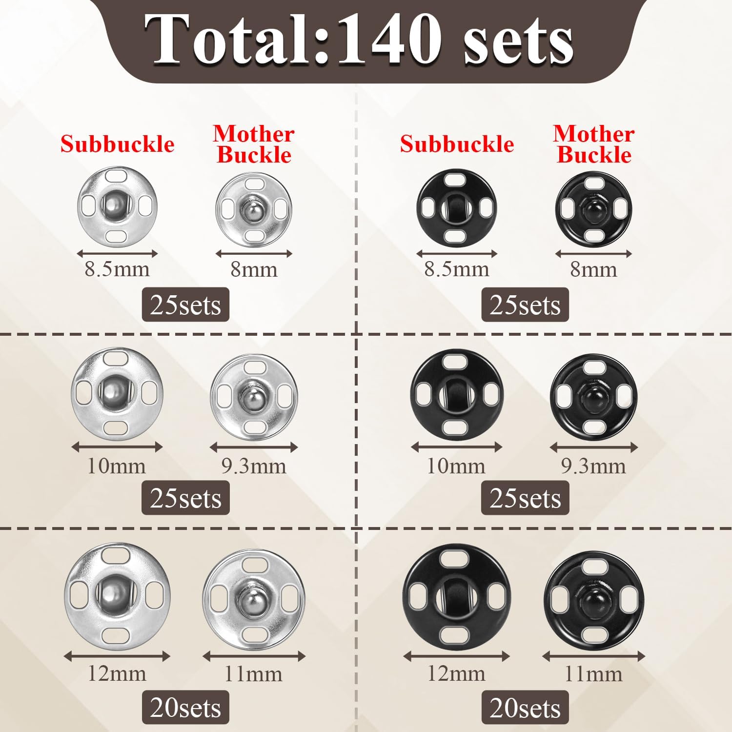 140 Sets Sew on Snaps for Clothing, Metal Snaps Fasteners Press Studs, Snap Buttons for Clothes Fabric Bag Bib Sweater Cardigan DIY Sewing Craft (8mm 10mm 12mm) - Image 2