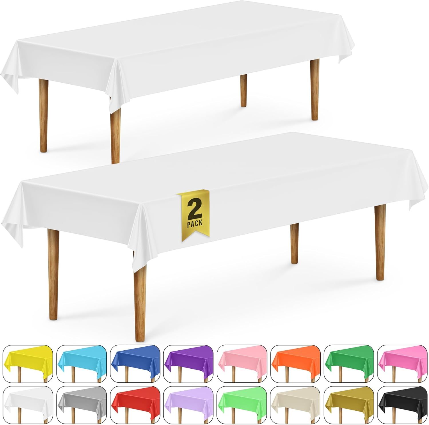 2 Rectangular Tablecloths, BPA-Free Plastic, 54 x 108 Inch, Disposable or Reusable Table Cover for Parties, Picnic & Outdoor, White (2 Pack, Individually Wrapped) - Image 1