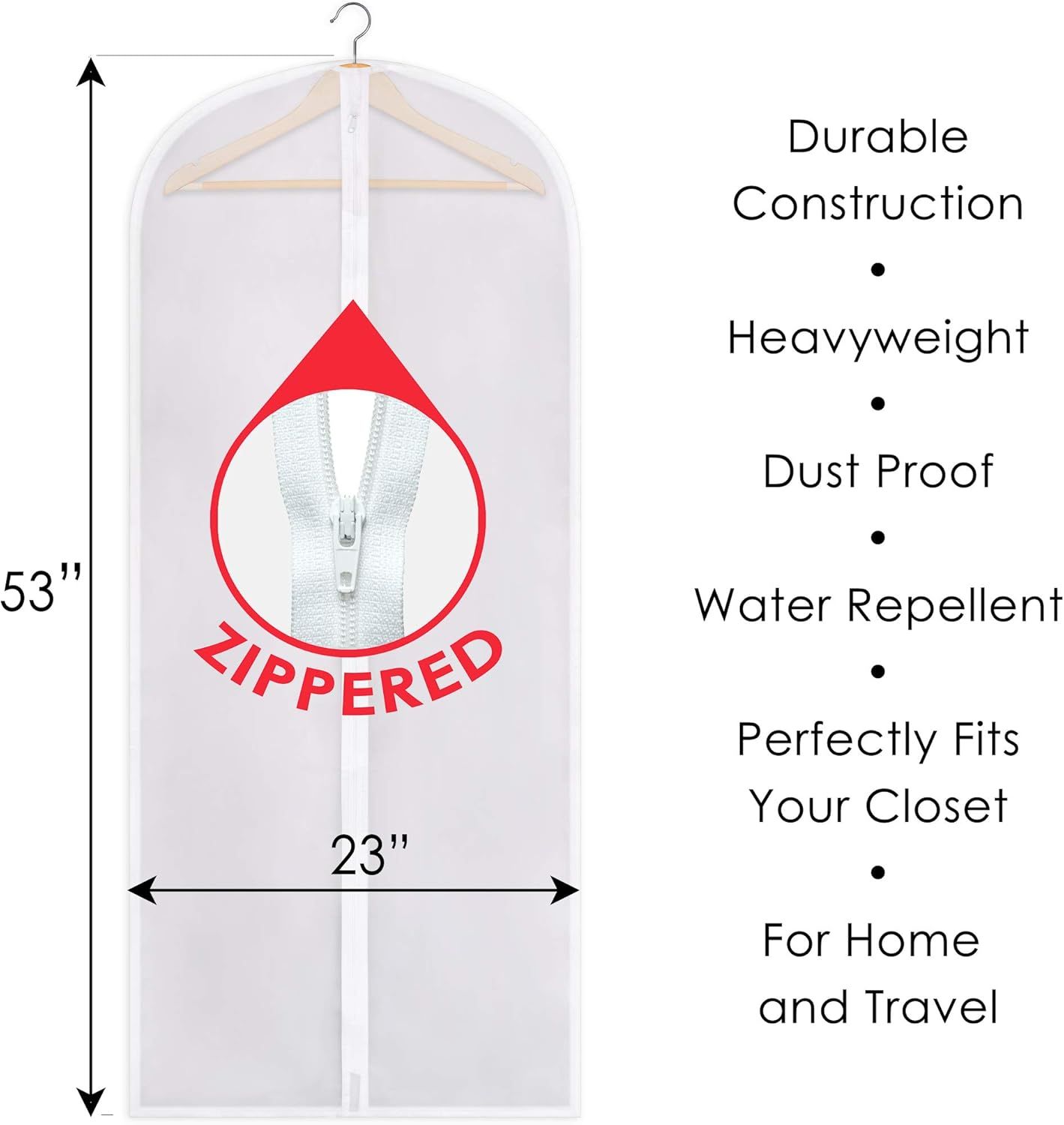 Zippered Garment Bag, Large 53 x 23 inches, Dress Bag for Gowns, Suits, Jackets, Dresses, Hanging Clothing Storage Bag, Water Repellent, Dust Proof, Clear (1 Pack) - Image 2