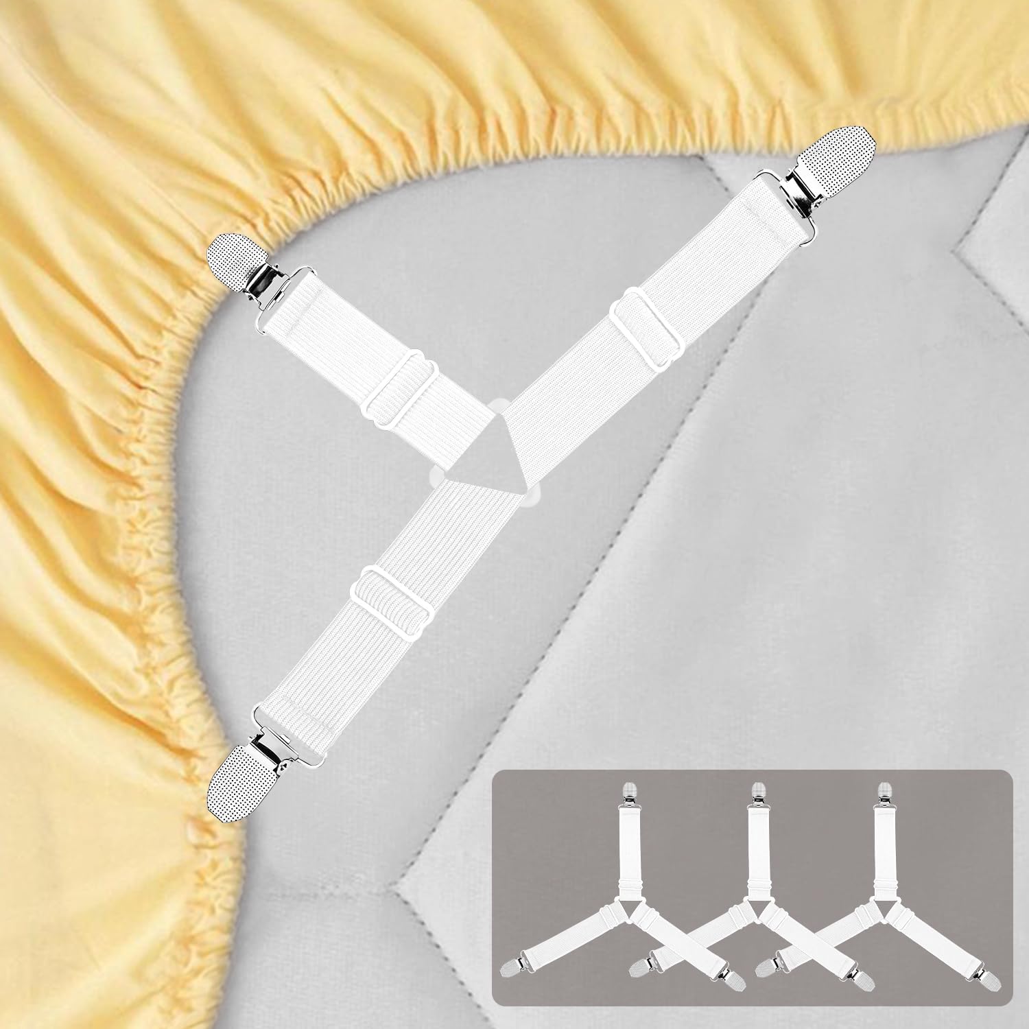 4pcs Bed Sheet Straps Holders, Adjustable Non Slip Elastic Bedsheet Grippers Triangle Mattress Suspenders, Keep in Place Fitted Bed Sheet Holders for Corners, Sofa Cushion, Mattress Cover Straps White - Image 1