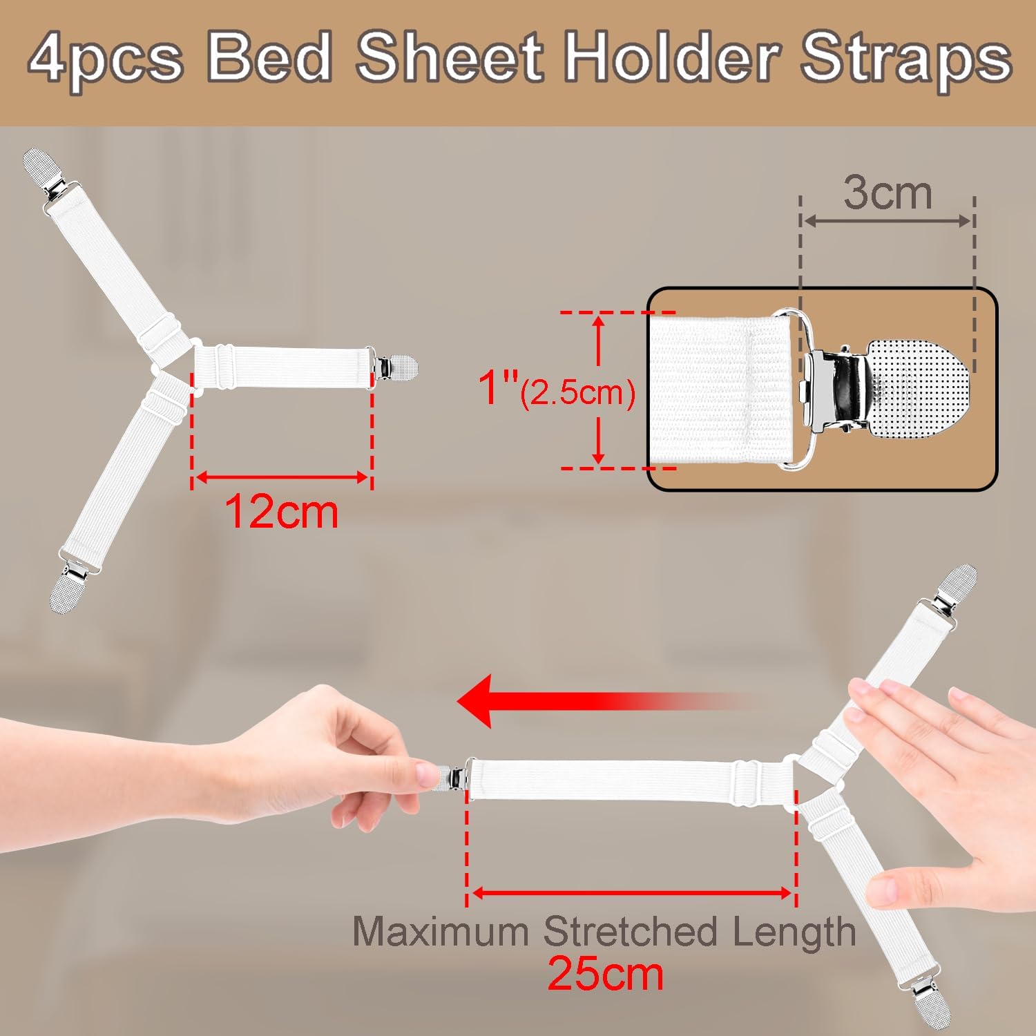 4pcs Bed Sheet Straps Holders, Adjustable Non Slip Elastic Bedsheet Grippers Triangle Mattress Suspenders, Keep in Place Fitted Bed Sheet Holders for Corners, Sofa Cushion, Mattress Cover Straps White - Image 2