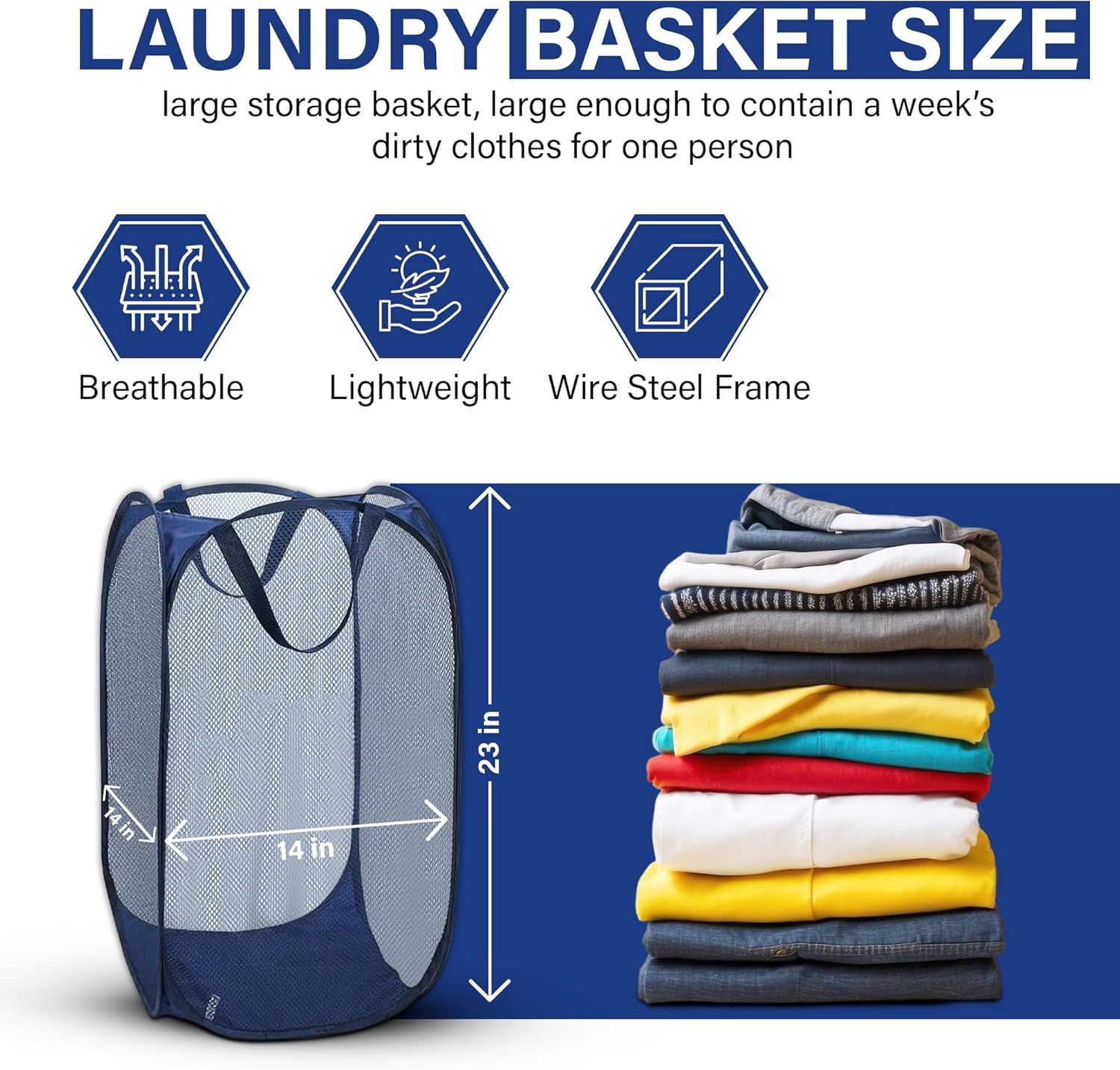 1 Pack Mesh Pop Up Laundry Hamper, Lightweight Foldable Clothes Basket with Easy Carry Handles, Durable Mesh Design for Air Circulation and Simple Storage, Navy (1 Pack) - Image 2