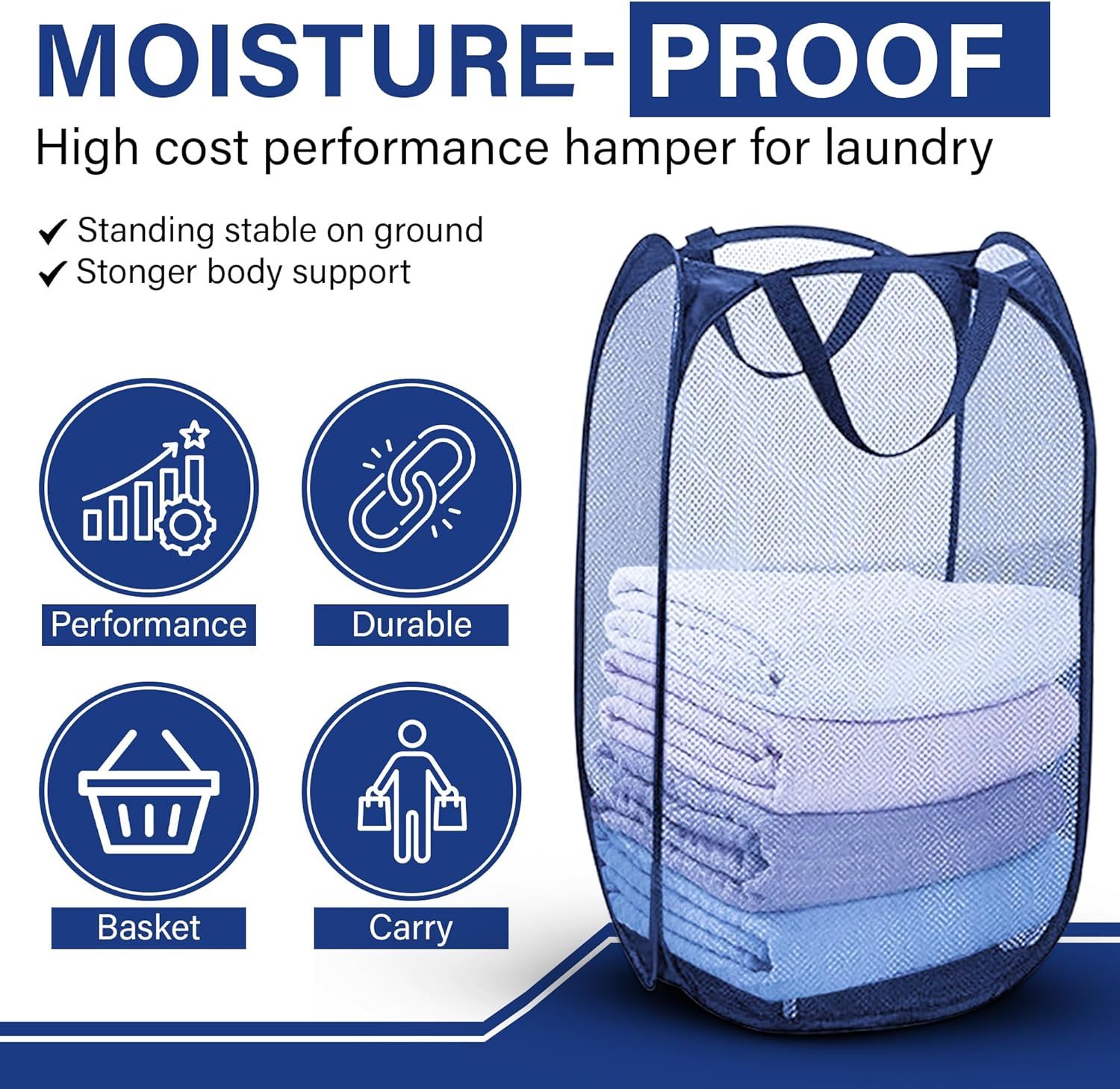 1 Pack Mesh Pop Up Laundry Hamper, Lightweight Foldable Clothes Basket with Easy Carry Handles, Durable Mesh Design for Air Circulation and Simple Storage, Navy (1 Pack) - Image 3