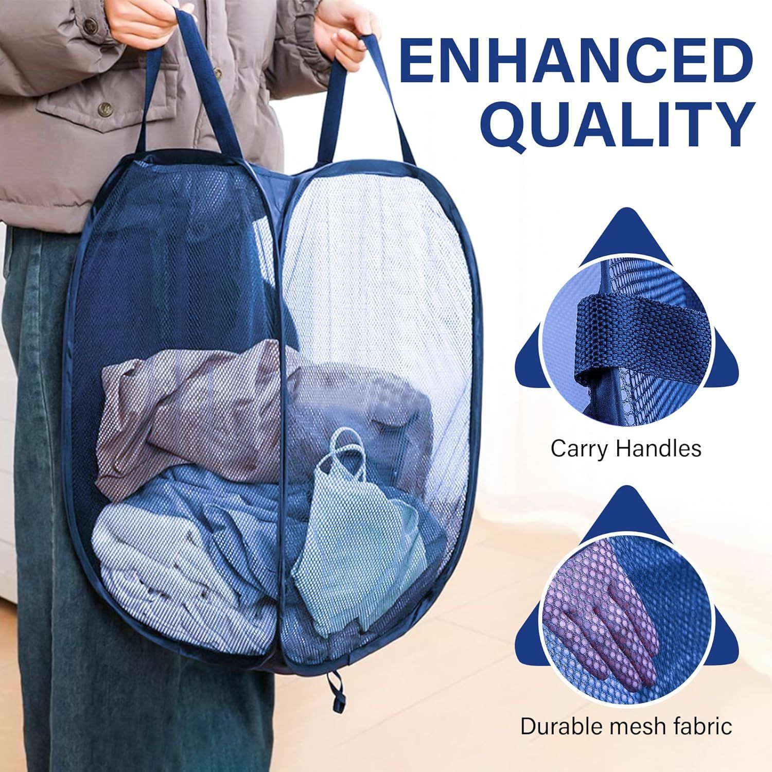 1 Pack Mesh Pop Up Laundry Hamper, Lightweight Foldable Clothes Basket with Easy Carry Handles, Durable Mesh Design for Air Circulation and Simple Storage, Navy (1 Pack) - Image 4