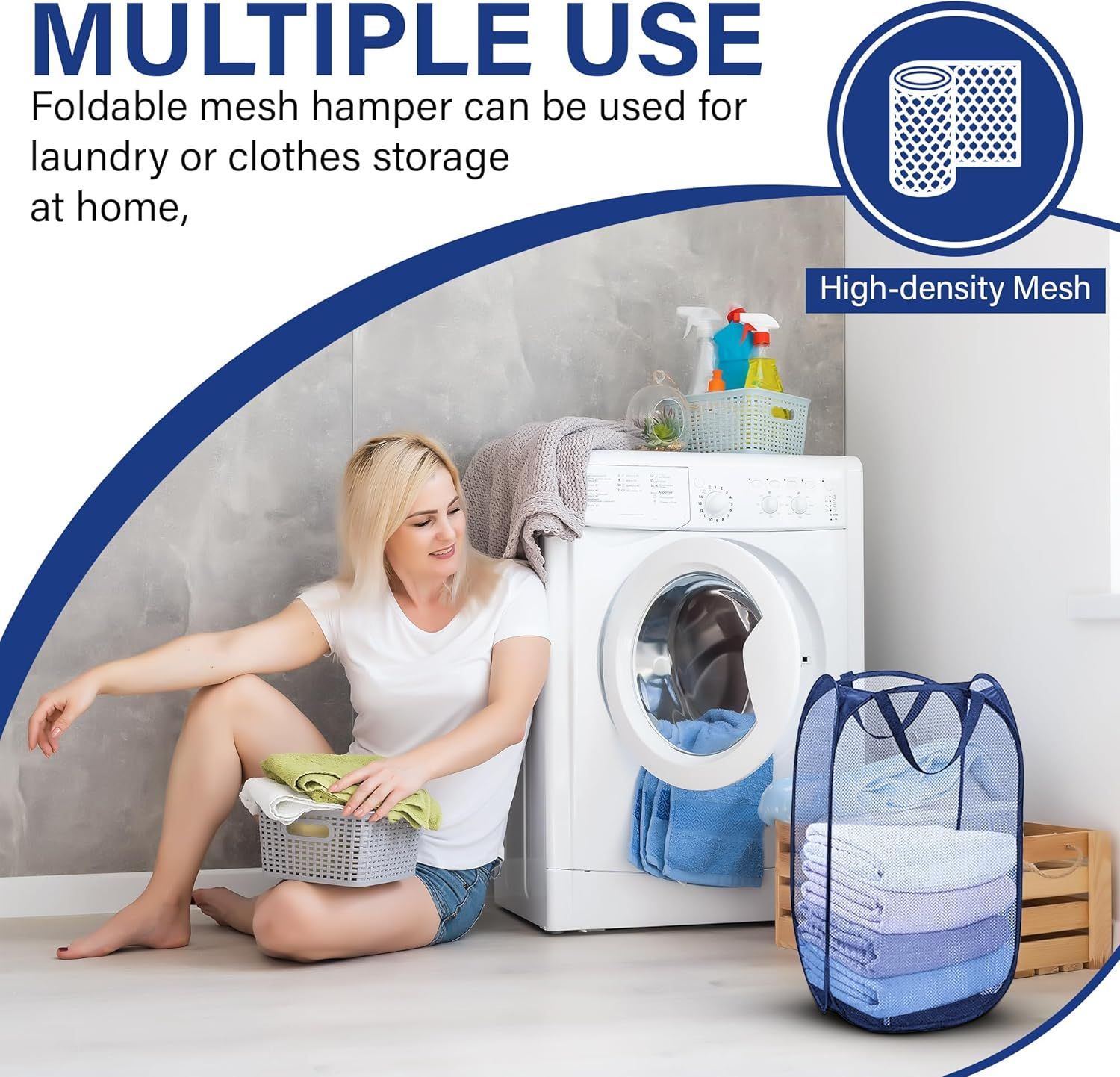 1 Pack Mesh Pop Up Laundry Hamper, Lightweight Foldable Clothes Basket with Easy Carry Handles, Durable Mesh Design for Air Circulation and Simple Storage, Navy (1 Pack) - Image 5