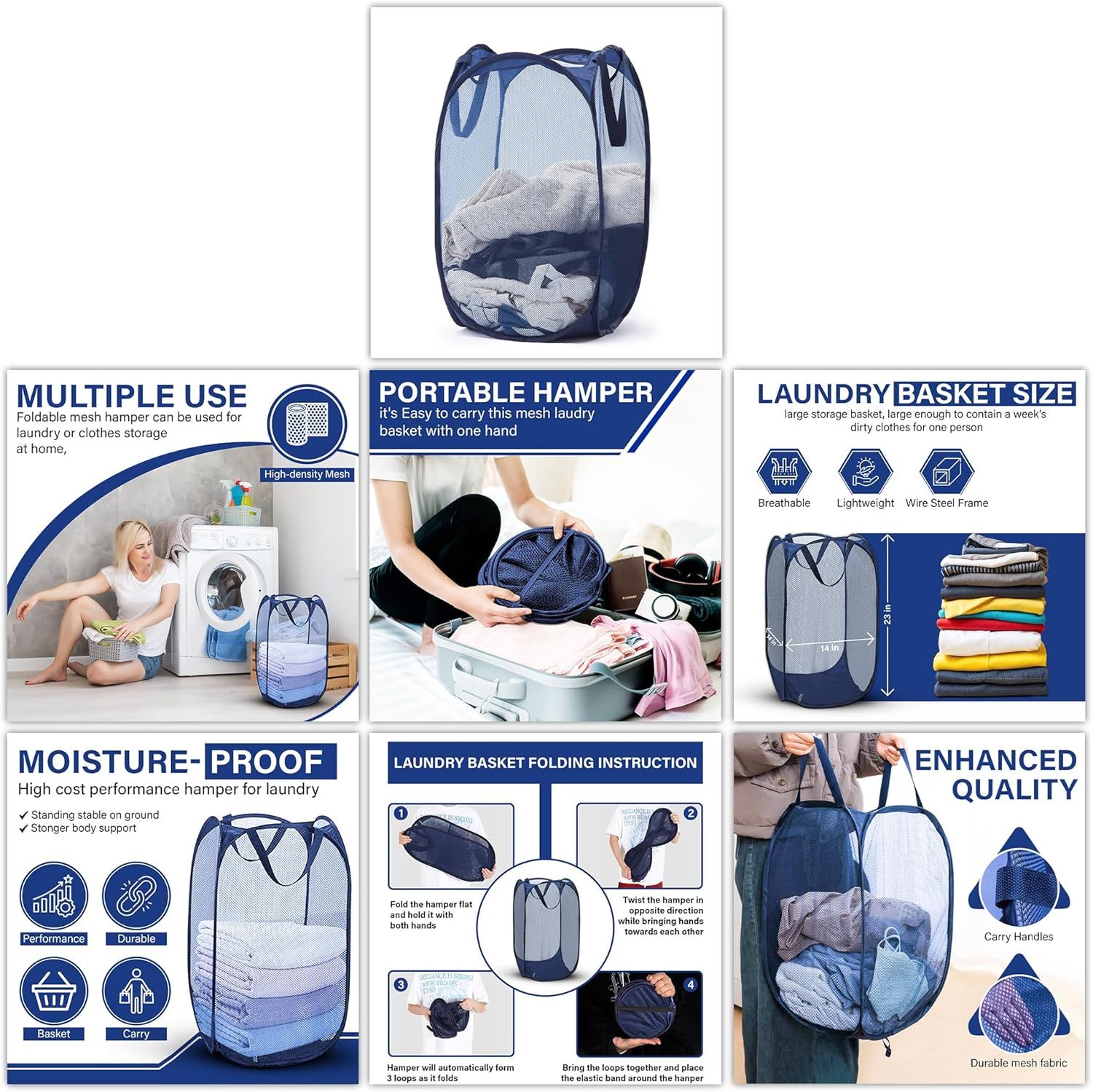 1 Pack Mesh Pop Up Laundry Hamper, Lightweight Foldable Clothes Basket with Easy Carry Handles, Durable Mesh Design for Air Circulation and Simple Storage, Navy (1 Pack) - Image 7