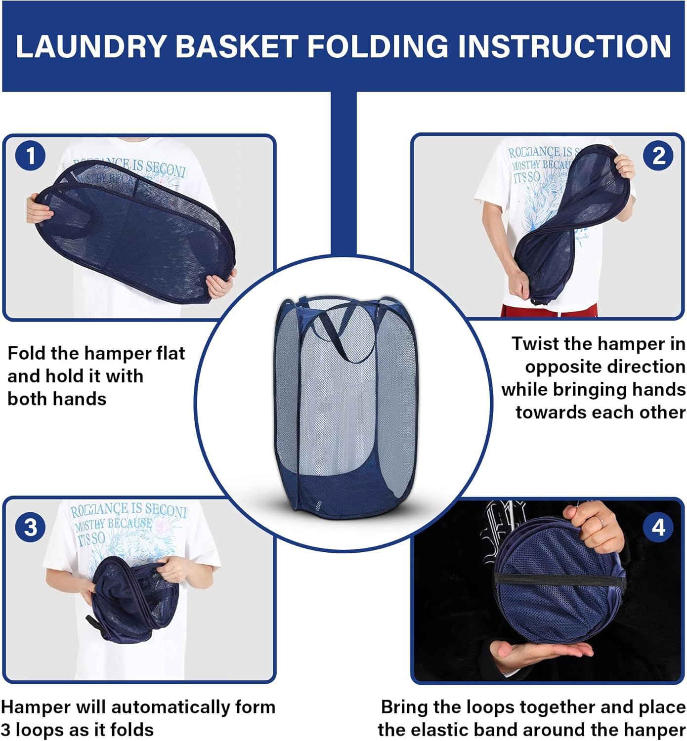 1 Pack Mesh Pop Up Laundry Hamper, Lightweight Foldable Clothes Basket with Easy Carry Handles, Durable Mesh Design for Air Circulation and Simple Storage, Navy (1 Pack) - Image 8