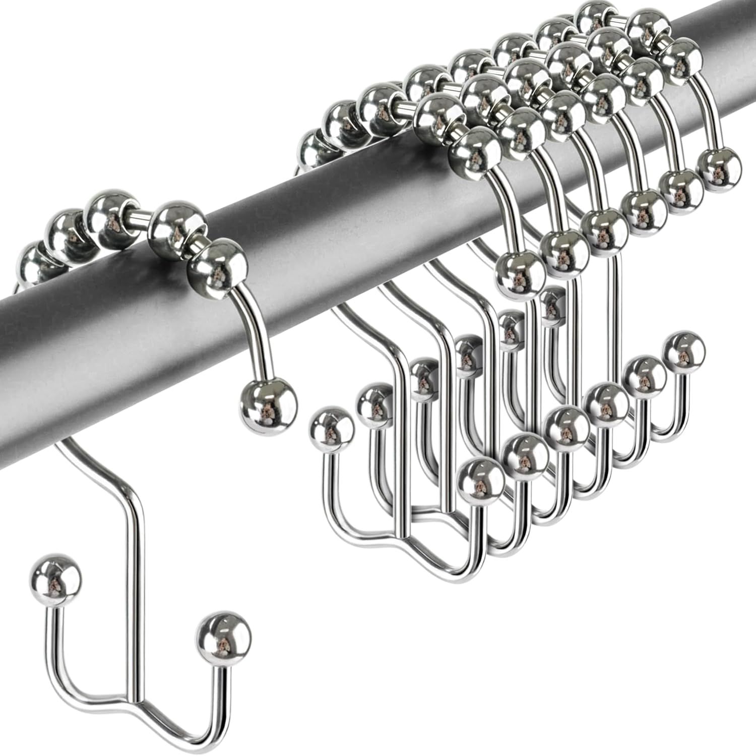 12 Pack Shower Curtain Hooks, Heavy Duty Coated Stainless Steel, Rustproof and Corrosion Resistant, Smooth Glide Double Hooks for Standard Shower Rods, Chrome (12 Pack) - Image 1