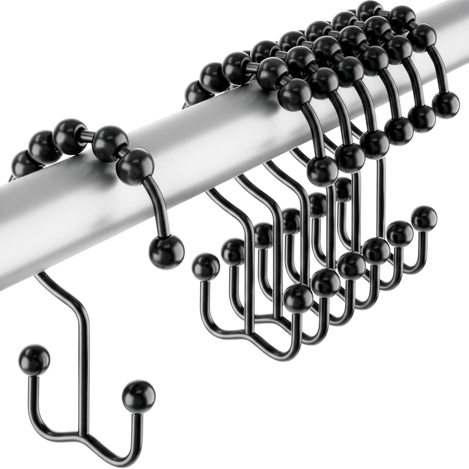 12 Pack Shower Curtain Hooks, Heavy Duty Coated Stainless Steel, Rustproof and Corrosion Resistant, Smooth Glide Double Hooks for Standard Shower Rods, Black (12 Pack) - Image 1