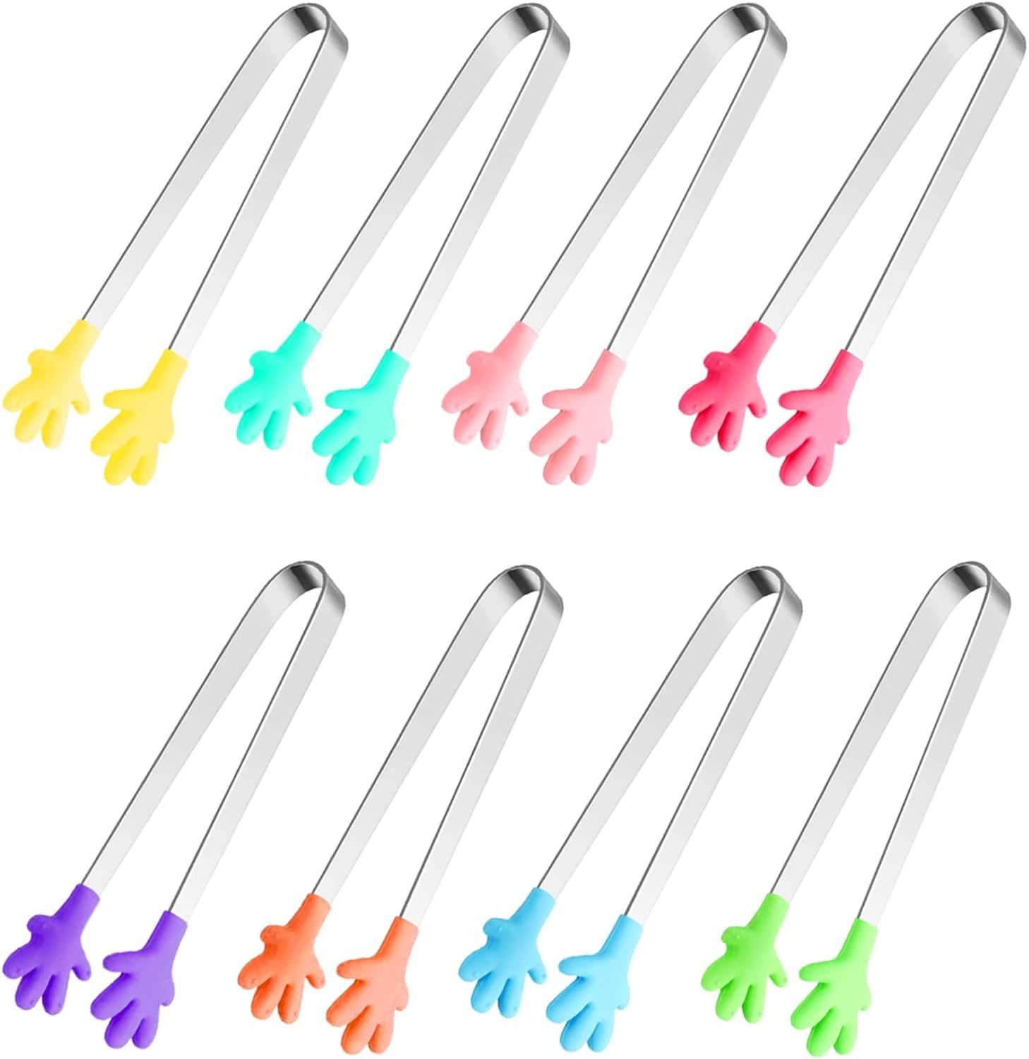 8PCS Silicone Mini Tongs, 5Inch Hand Shape Food Tongs, Colourful Small Kids Tongs for Serving Food, Ice Cube, fruits, Sugar, Barbecue by  (Palm sharp) - Image 1