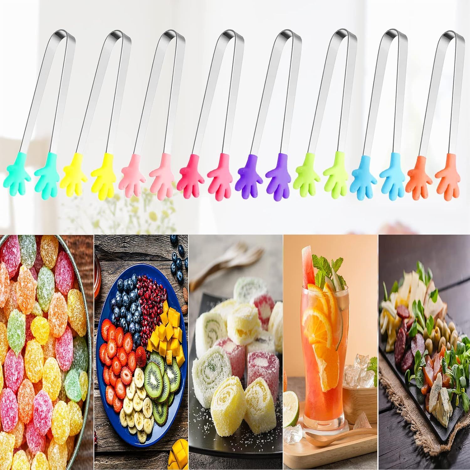 8PCS Silicone Mini Tongs, 5Inch Hand Shape Food Tongs, Colourful Small Kids Tongs for Serving Food, Ice Cube, fruits, Sugar, Barbecue by  (Palm sharp) - Image 5