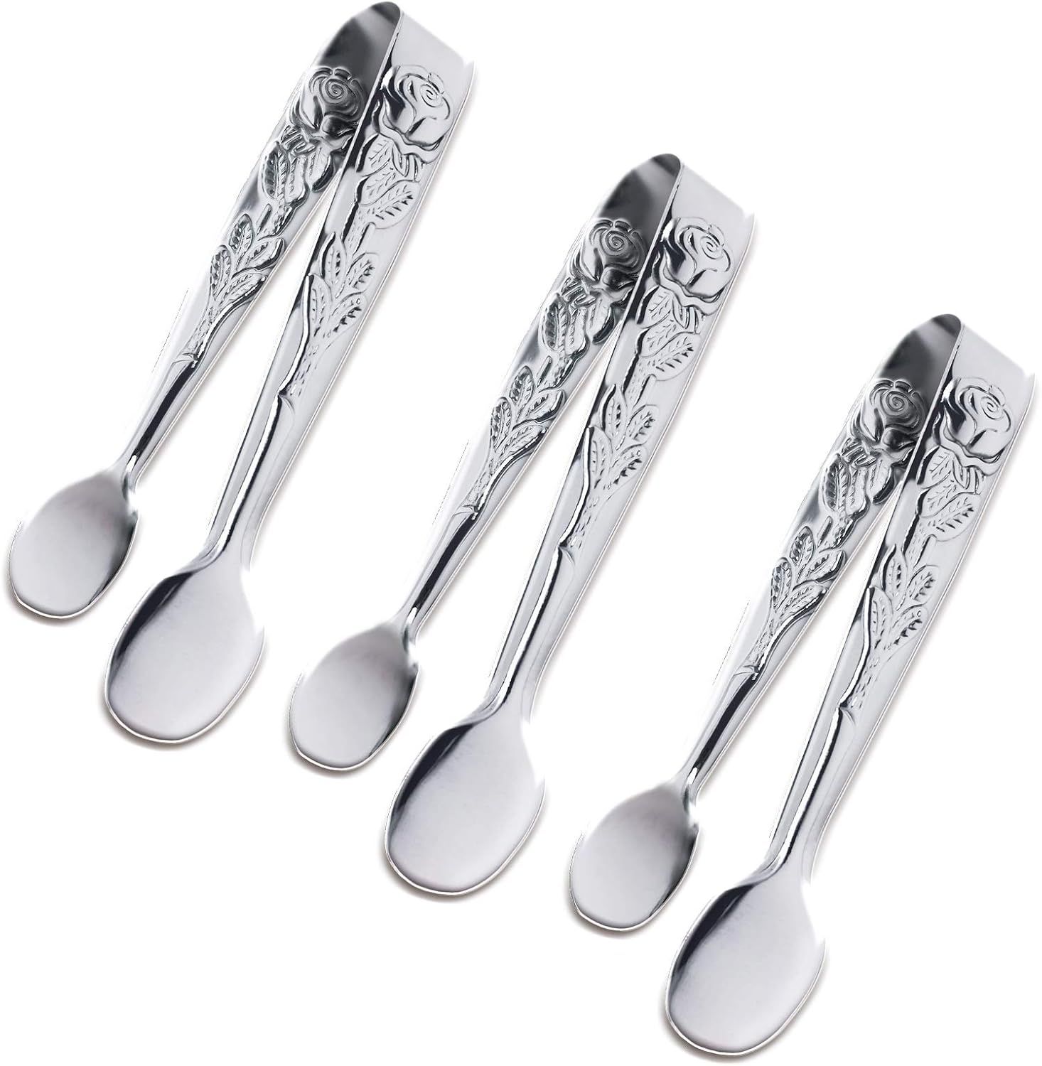3PCS Mini Serving Tongs, 4Inch Rose Stainless Steel Sugar Cube Tongs, Sliver Small Ice Tong for Tea and Coffee Party, Appetizers, Desserts by  (Silver) - Image 1
