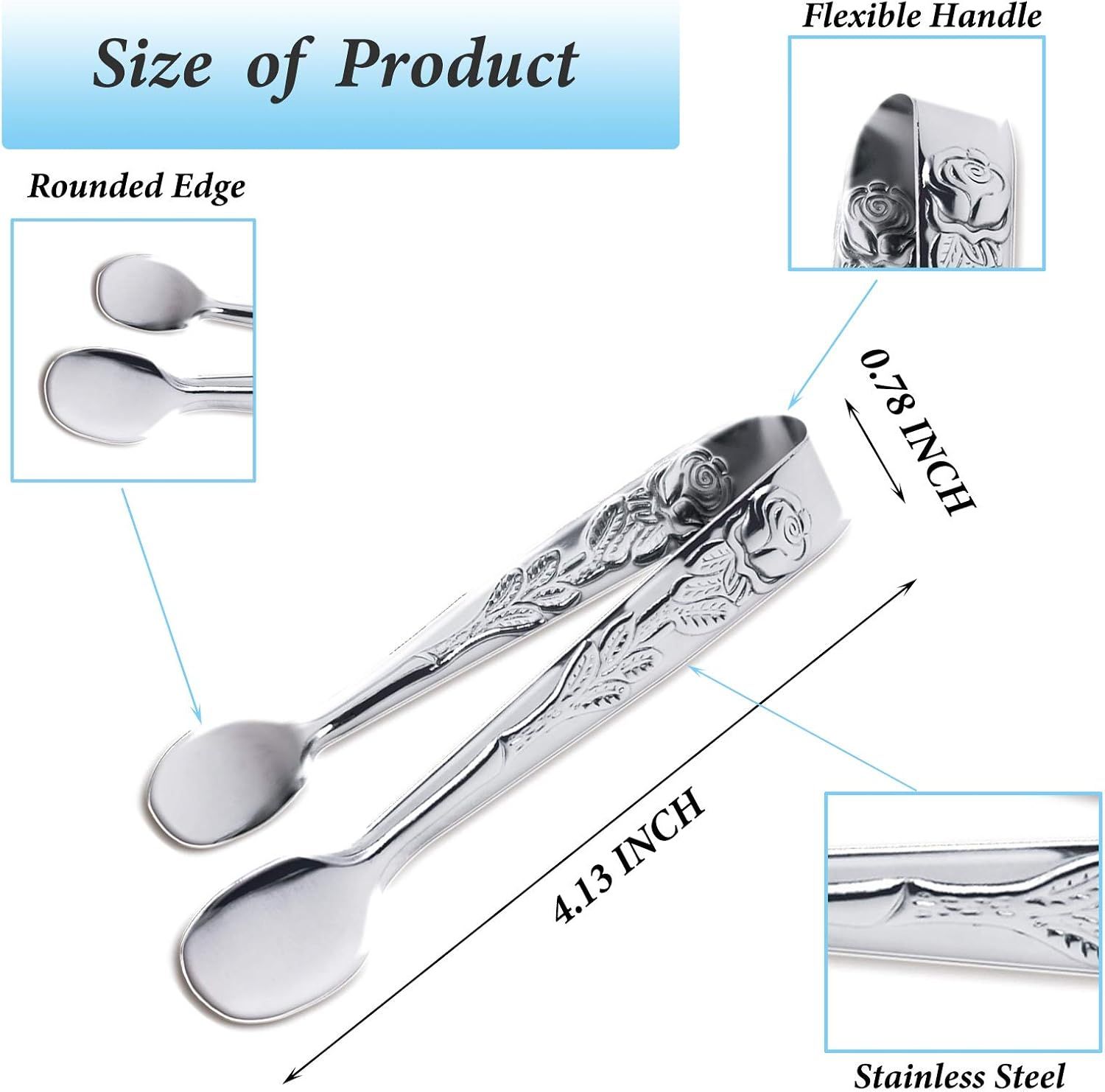 3PCS Mini Serving Tongs, 4Inch Rose Stainless Steel Sugar Cube Tongs, Sliver Small Ice Tong for Tea and Coffee Party, Appetizers, Desserts by  (Silver) - Image 3