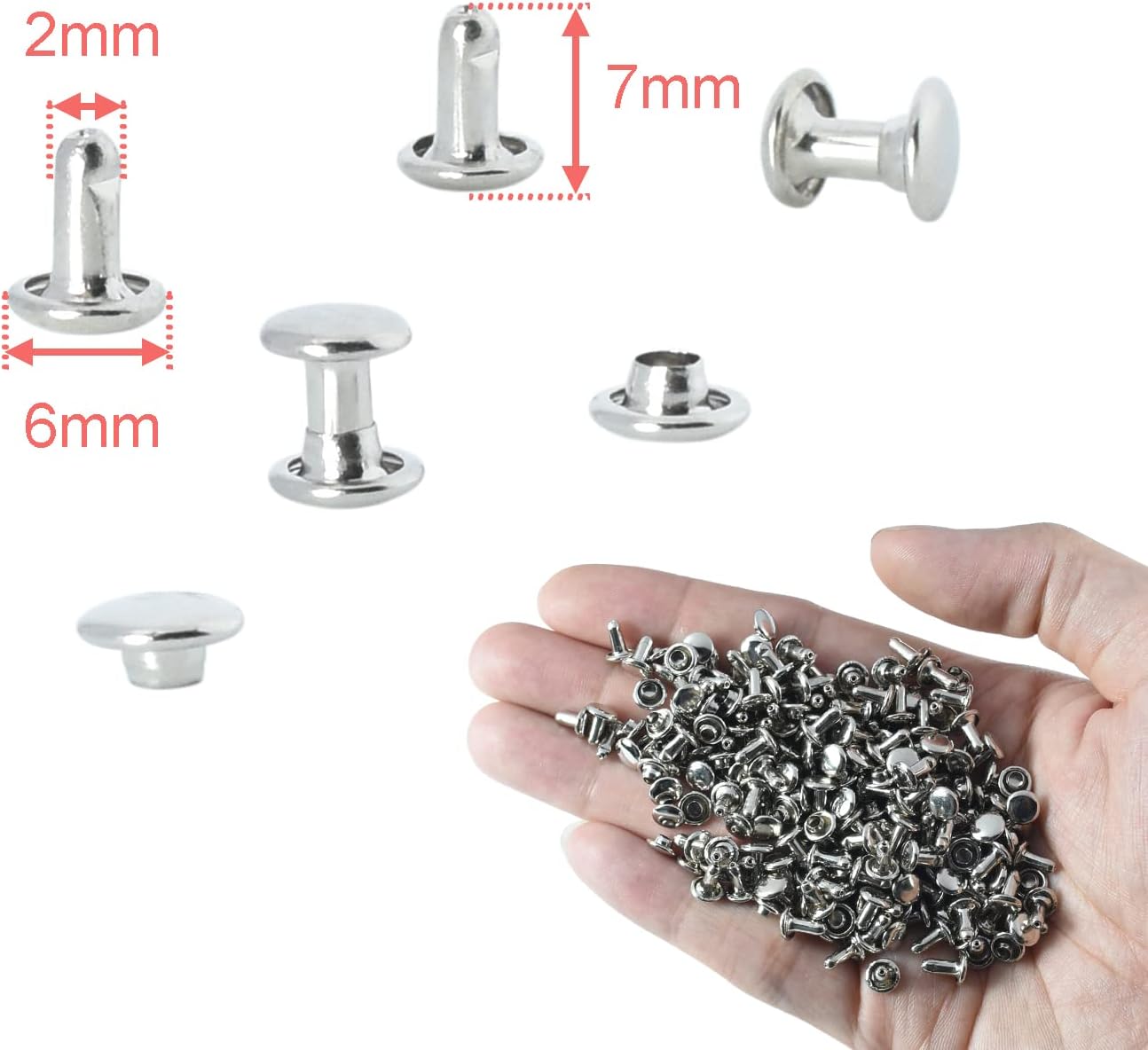 200Sets 6mm Round Cap Leather Rivets, Double Cap Rivets Tubular Metal Studs Rivets for Leather Purse Keyrings Repair and Crafts Decoration (6mm Silver) - Image 2