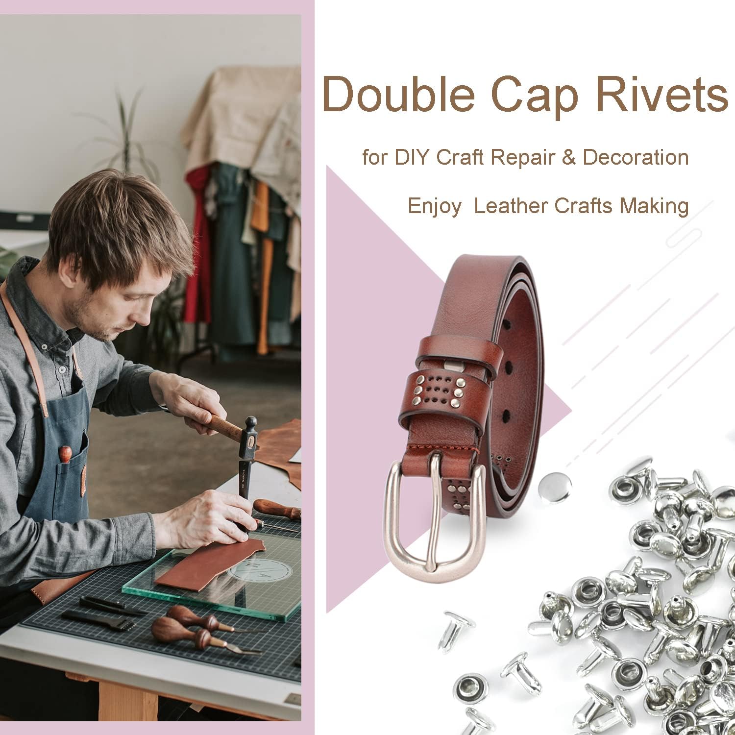 200Sets 6mm Round Cap Leather Rivets, Double Cap Rivets Tubular Metal Studs Rivets for Leather Purse Keyrings Repair and Crafts Decoration (6mm Silver) - Image 3