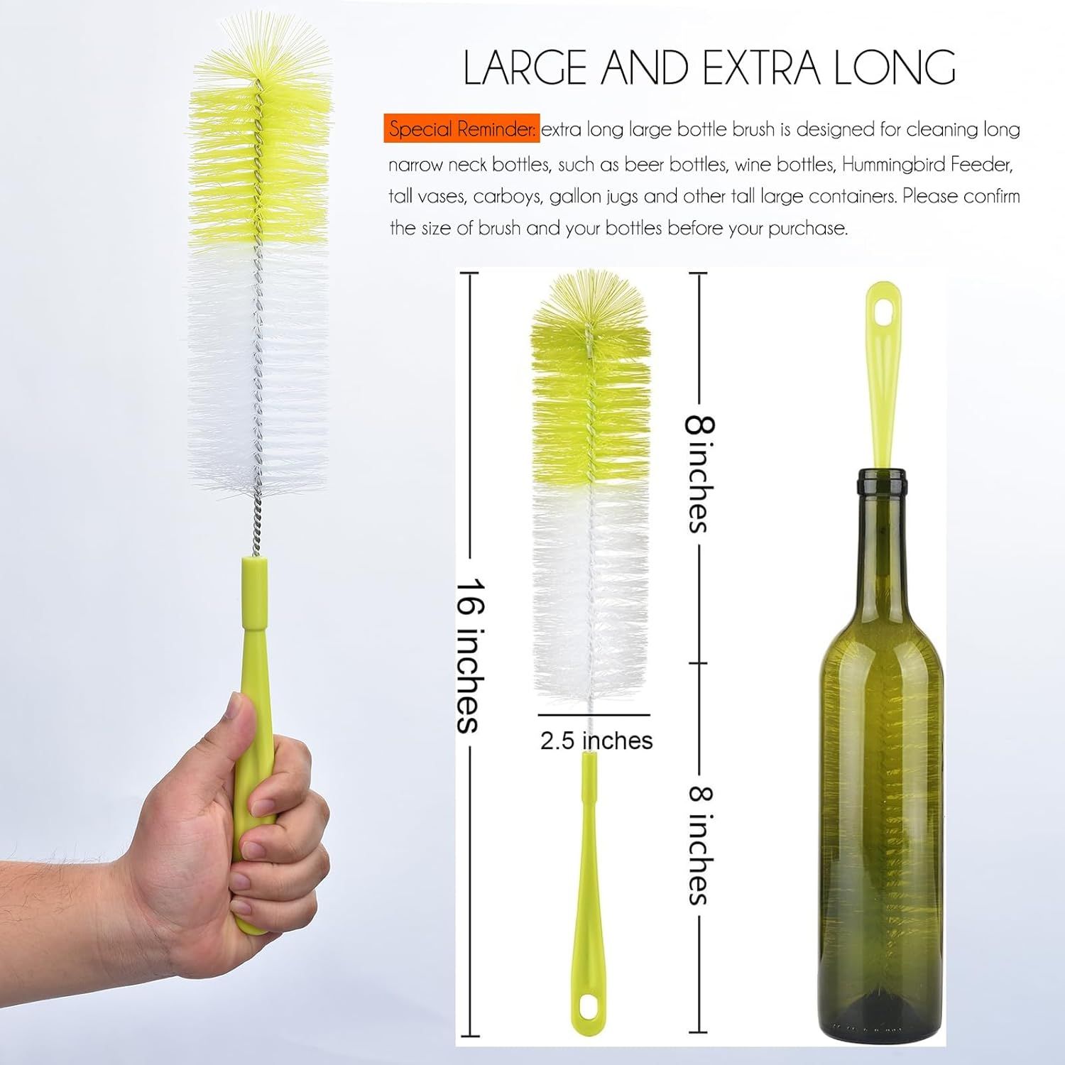 16 inch Long Bottle Brush Cleaner for Washing Wine/Beer/Sport Well/Thermos/Glass, Hummingbird Feeder and Long Narrow Neck Sport Bottles - Image 2