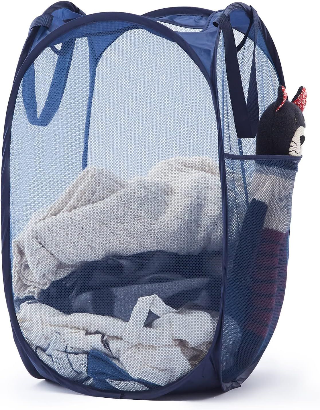 Collapsible Pop Up Laundry Basket, Hamper with Sturdy Handles and Side Pocket - Mesh Portable Foldable Dirty Clothes Hamper for Dorm, Laundry room, Bathroom and Travel Storage, Navy Blue - Image 1