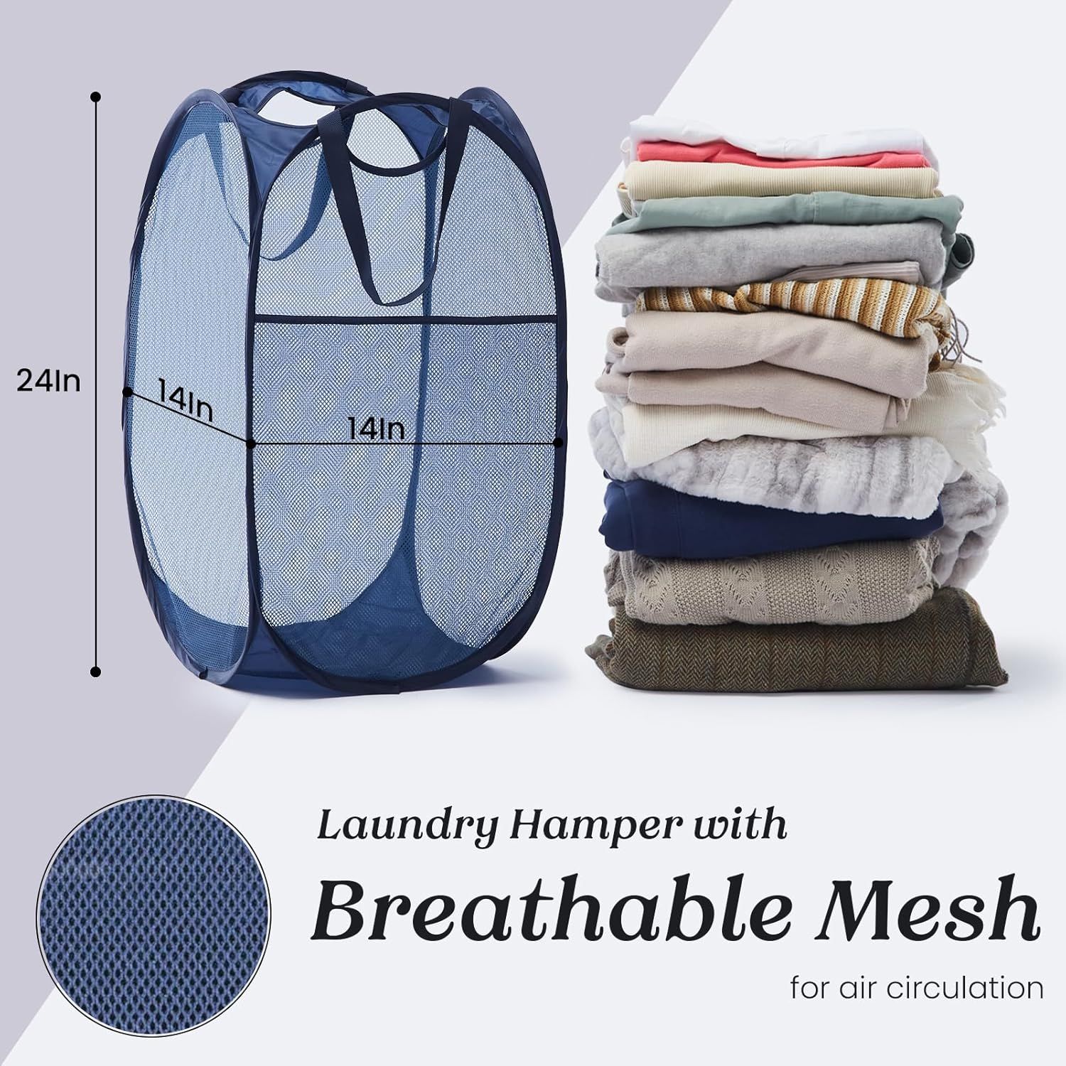 Collapsible Pop Up Laundry Basket, Hamper with Sturdy Handles and Side Pocket - Mesh Portable Foldable Dirty Clothes Hamper for Dorm, Laundry room, Bathroom and Travel Storage, Navy Blue - Image 2