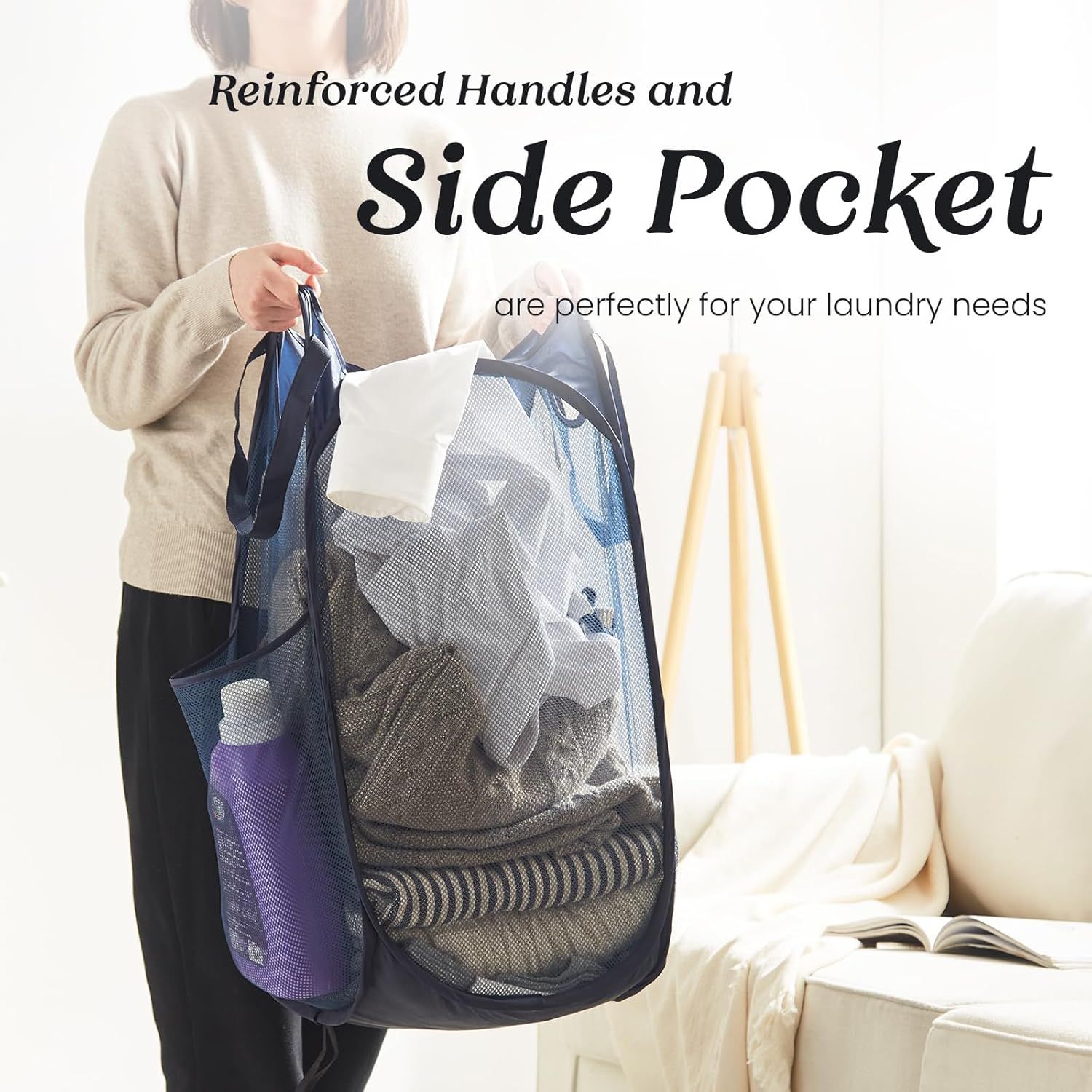 Collapsible Pop Up Laundry Basket, Hamper with Sturdy Handles and Side Pocket - Mesh Portable Foldable Dirty Clothes Hamper for Dorm, Laundry room, Bathroom and Travel Storage, Navy Blue - Image 4